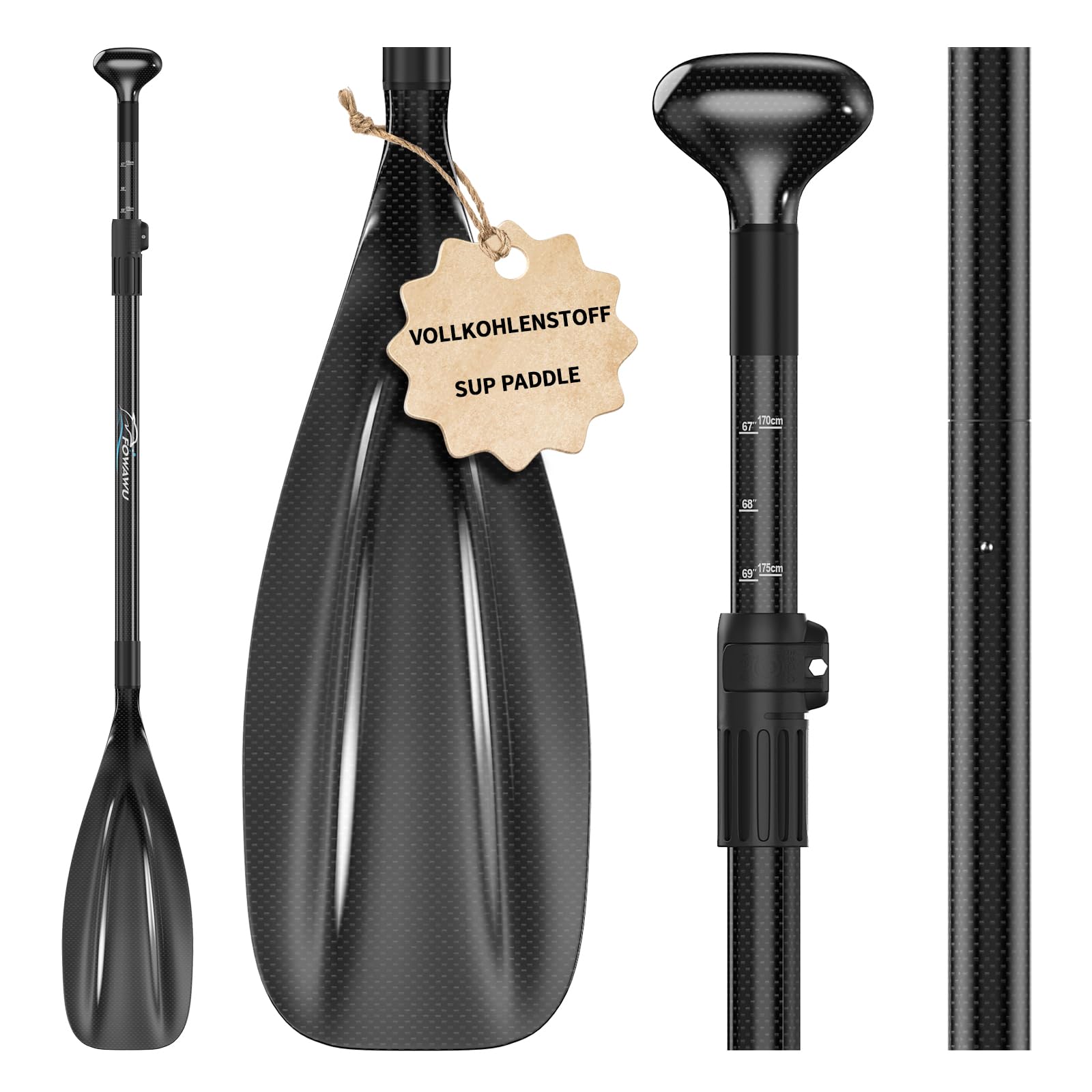 FOWAWU Halbcarbon- / Carbon-SUP-Paddel – 3-teiliges verstellbares Paddel für Stand-up-Paddleboards – Leichtes & schwimmendes Ruder für SUP-Bretter