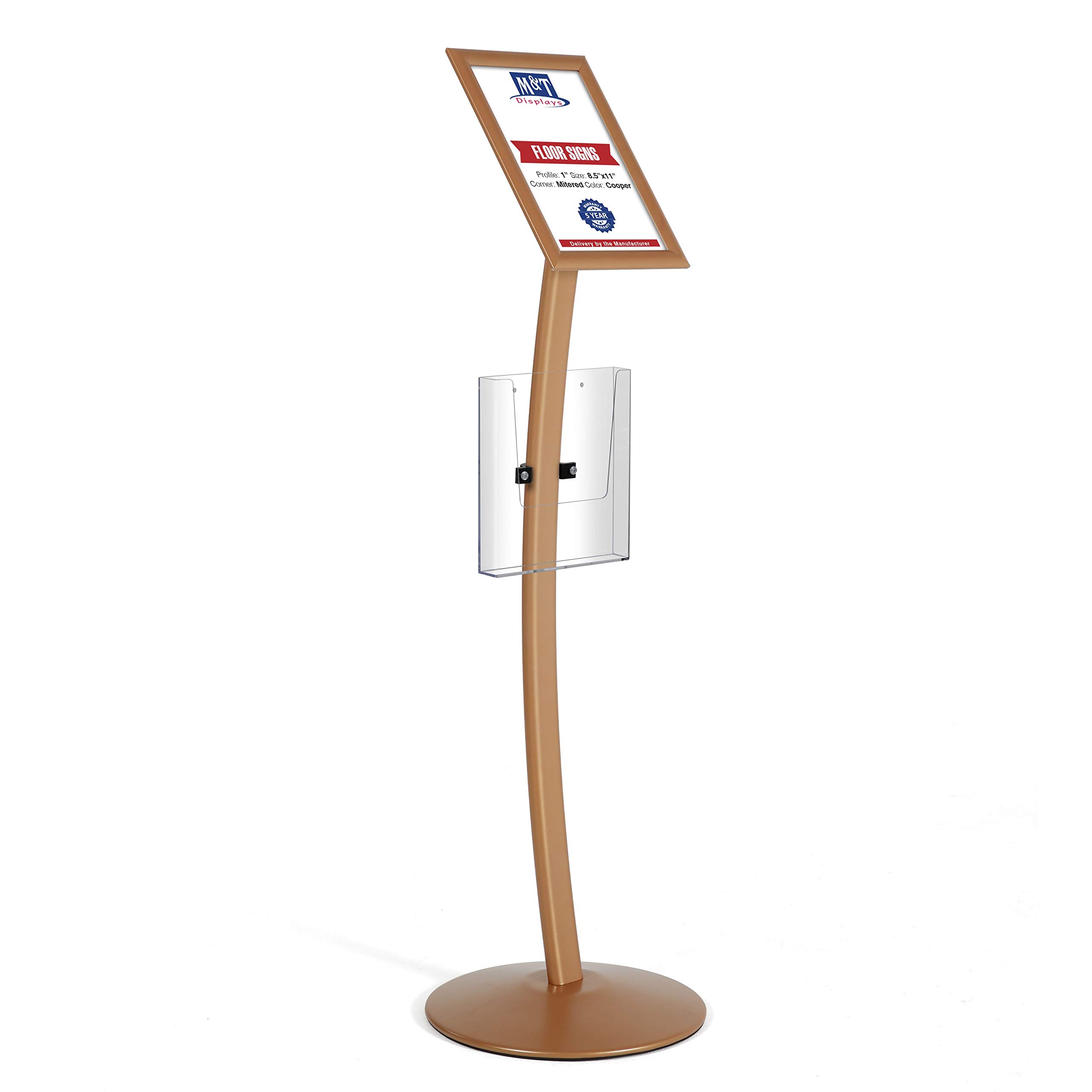 M&T Displays Curved Menu Board, 8.5x11 Inch Pedestal Sign Holder with 8.5x11 Inch Brochure Holder Copper Floor Standing Aluminum Front Loading Easy