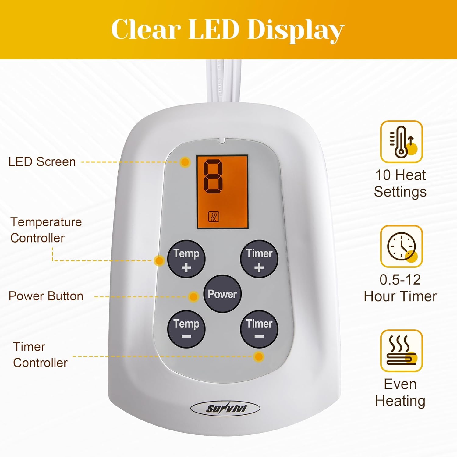 RoyalCraft Heated Blanket 62" x 84" Twin Size, Fast Heating Thorw with 10 Heating Levels & 0.5-12 Hour Auto-Off, ETL Certified, Machine Washable, 5 Year Warranty, Blue - Image 5