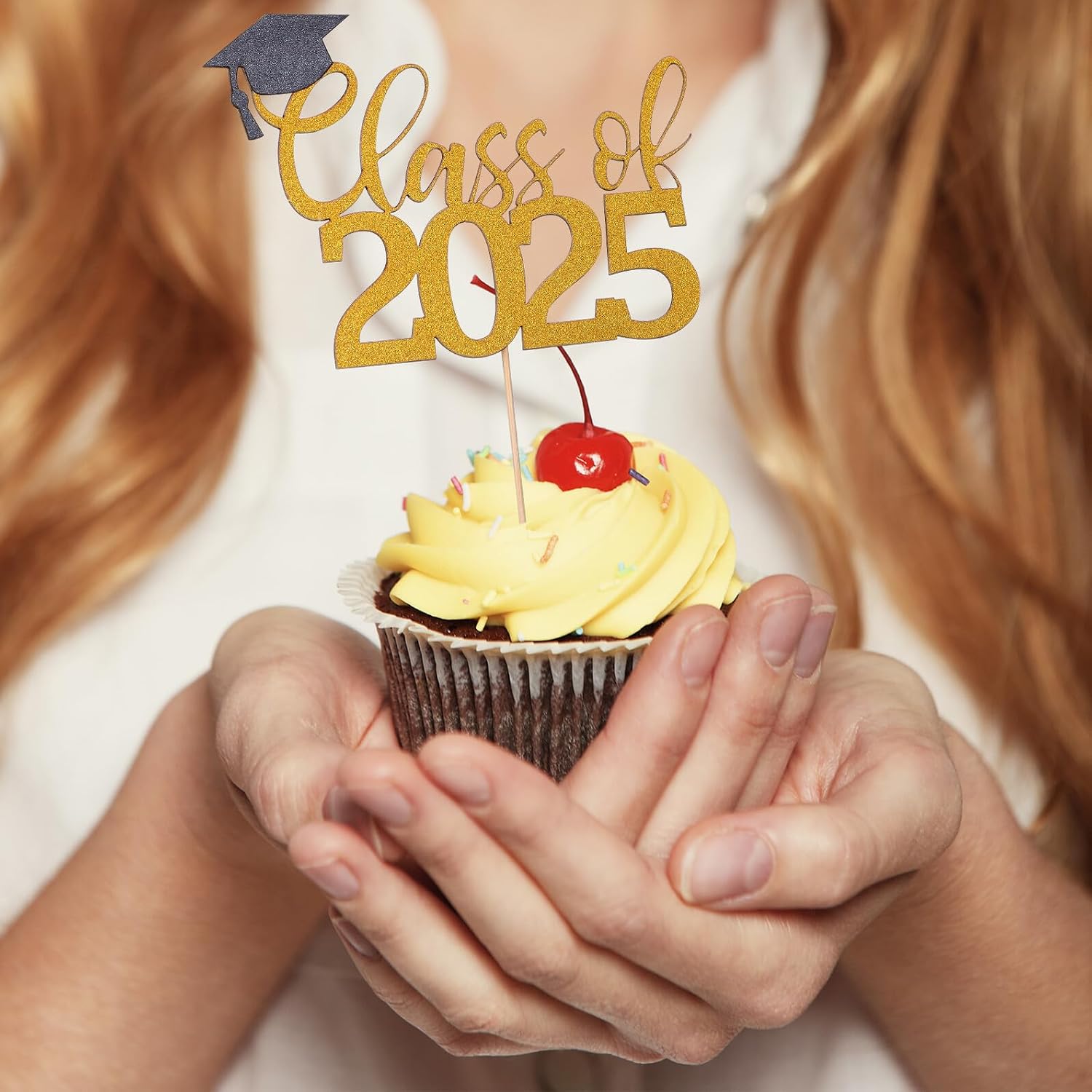 Graduation Cake Topper Decorations 24pcs Paper Congrats Cake Picks in Gold Black Non-edible for Celebration Supplies