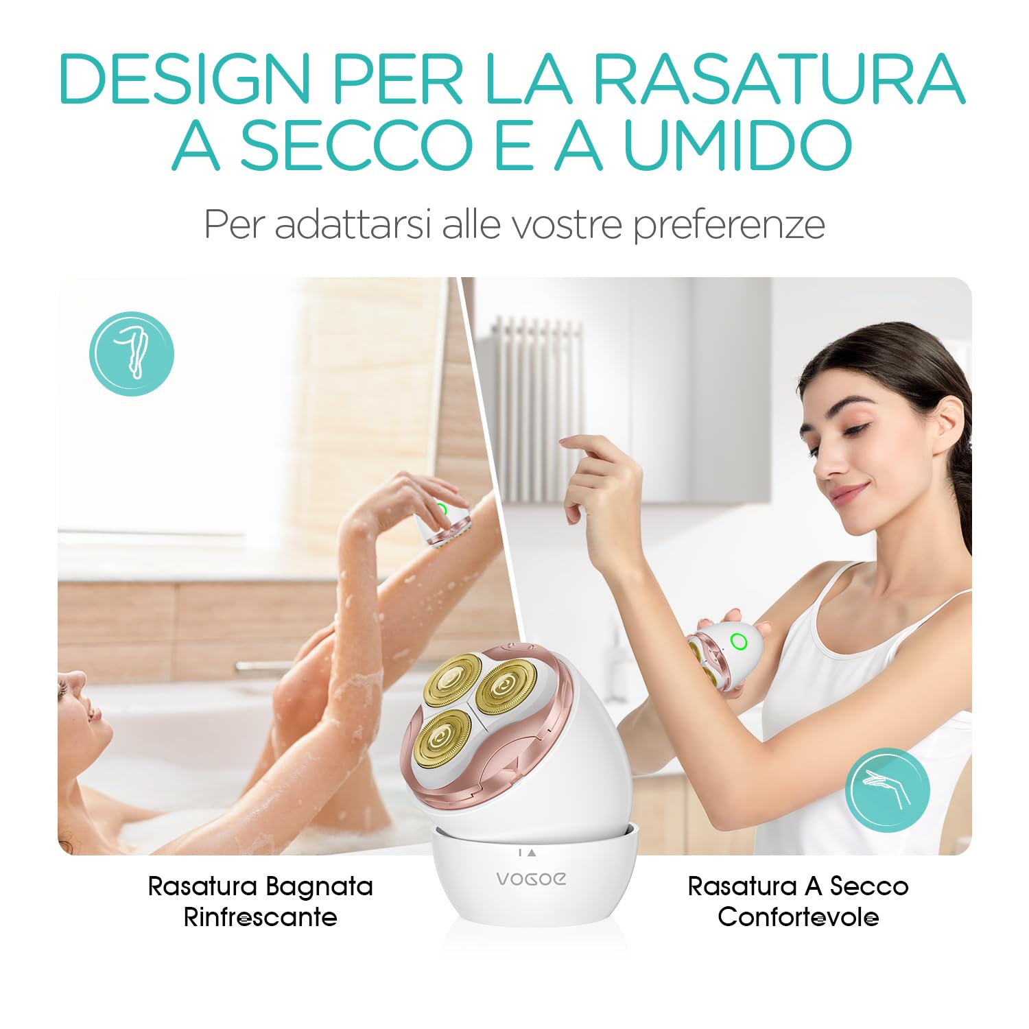 Rasoio Elettrico Donna con Testina 3D, Lama Autoaffilante e Ricaricabile–Rasoio Donna Elettrico per Viso, Corpo, Gambe, Ascelle e Bikini–Utilizzabile a Secco e sotto la Doccia ES300 (Oro)