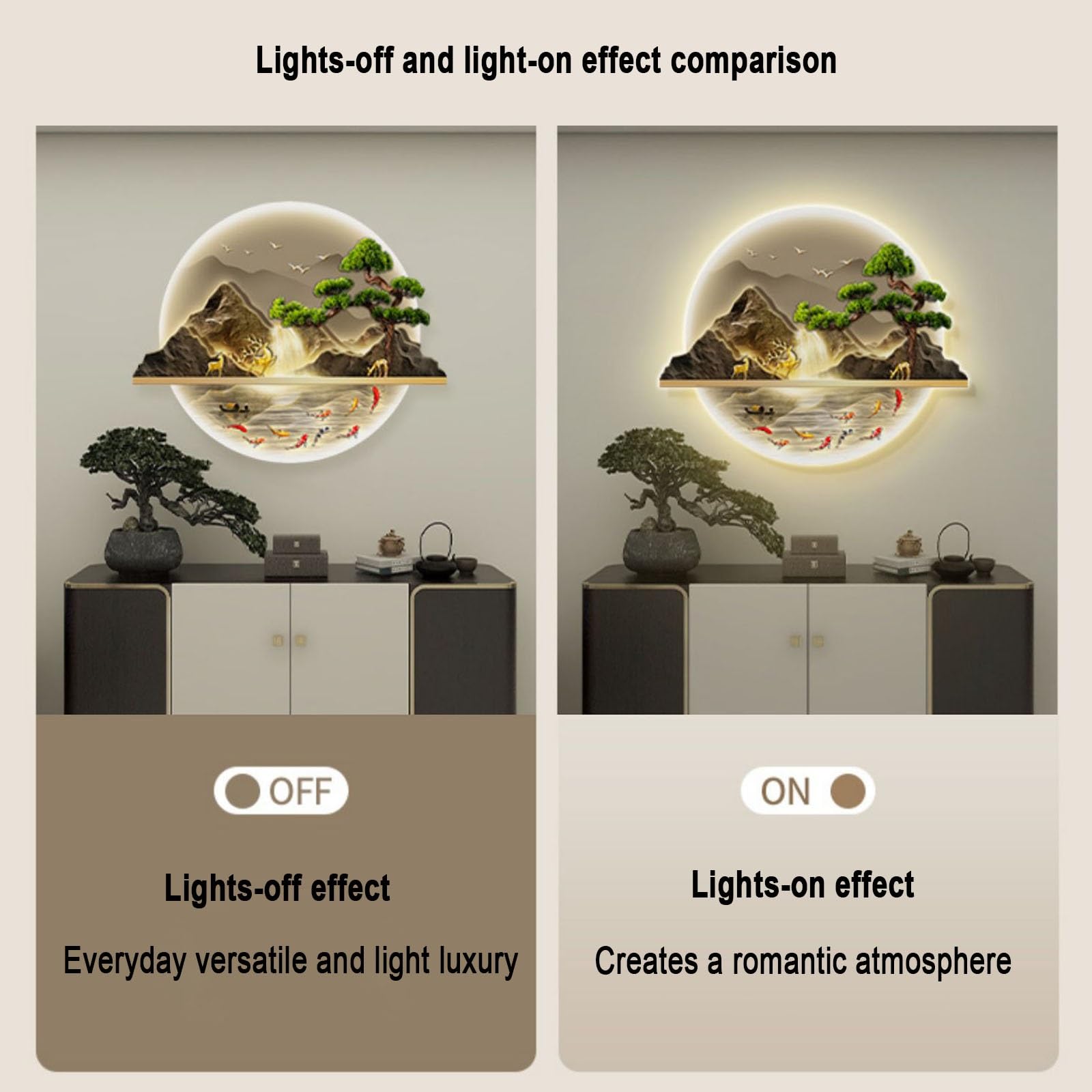 Cuadro decorativo moderno para el hogar con luz LED, arte de pared de porcelana de cristal con plantas verdes artificiales, cuadro colgante de pared decorativo para el hogar(M,72*60cm/28.3*23.6in)