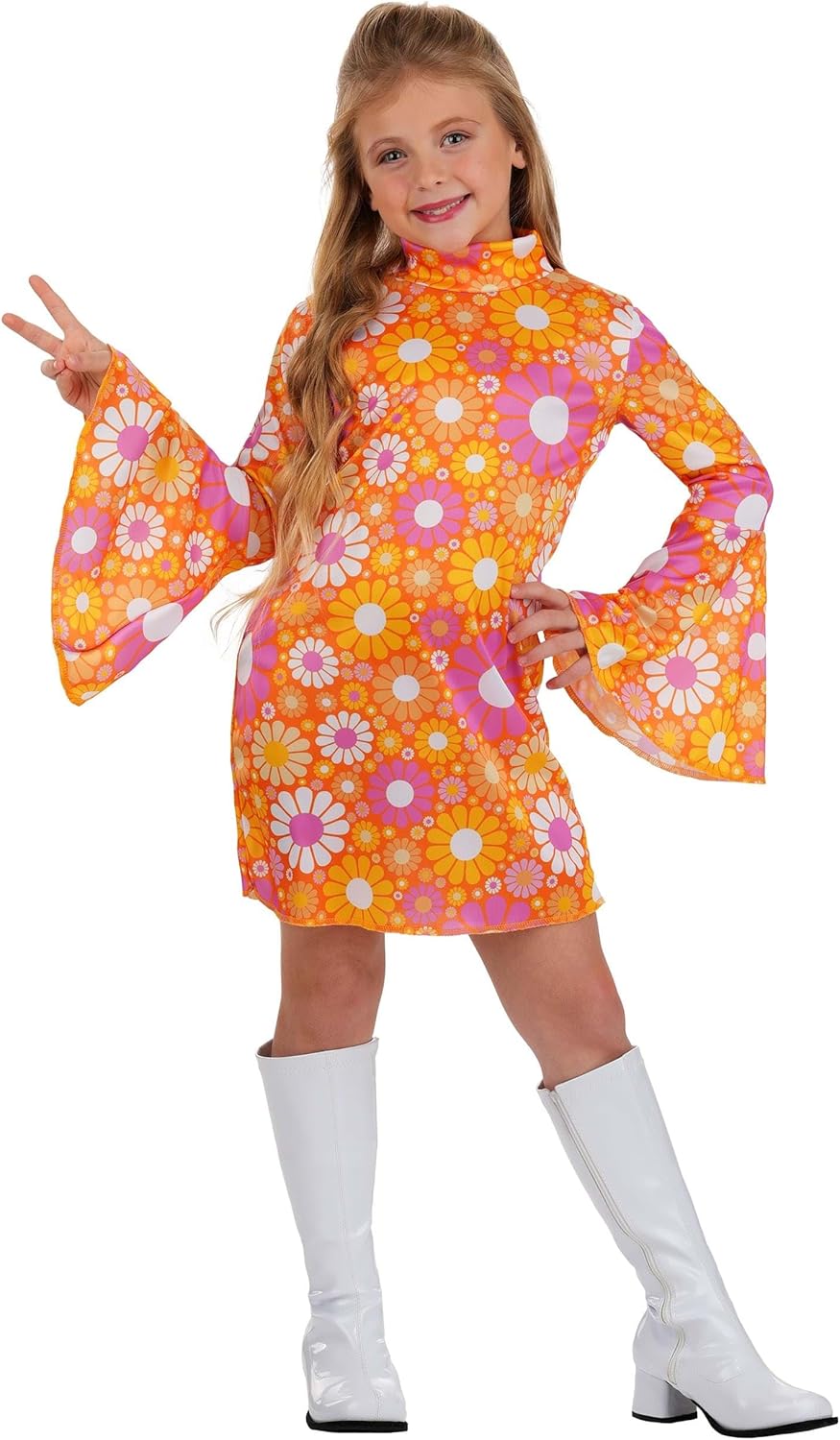 Girls Far Out Flower Dress Costume with Long Bell Sleeves | 60s 70s Hippie Theme Outfit