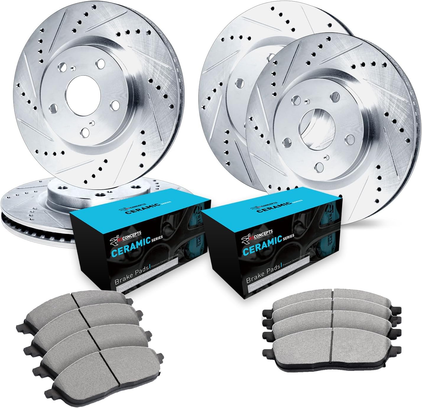 R1 Concepts Front and Rear Brakes and Rotors| Drilled Slotted Brake Rotors| Front and Rear Ceramic Brake Pads and Rotors Kit| Automotive Replacement Brake Kits