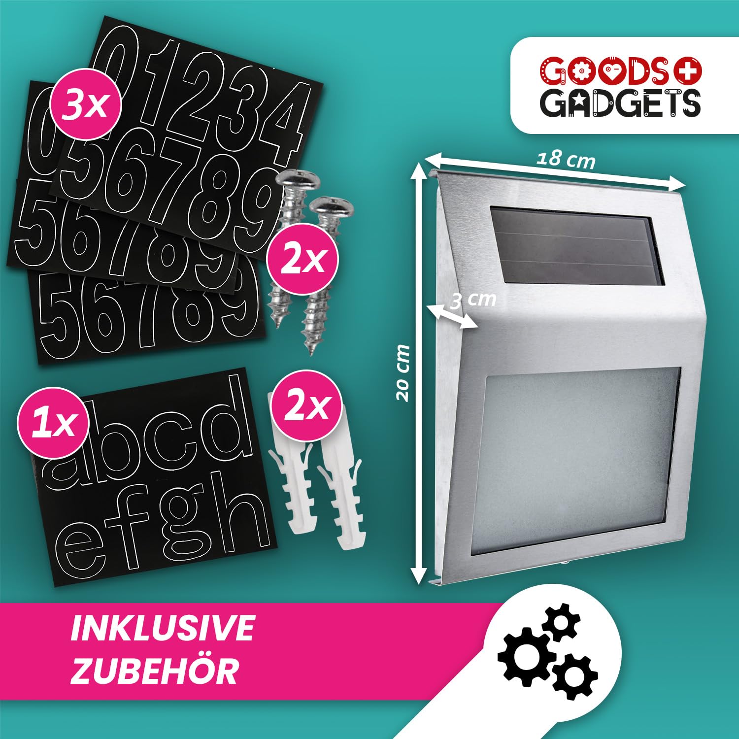 Solarny podświetlany numer domu z oświetleniem LED ze stali nierdzewnej IP44 (standard)