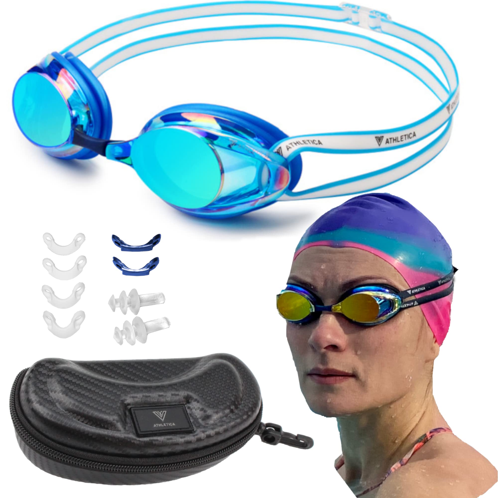 V ATHLETICA Unisex Adult and Youth Anti-Fog Swim Goggles and Case for Men, Women, Boys, Girls - Blue