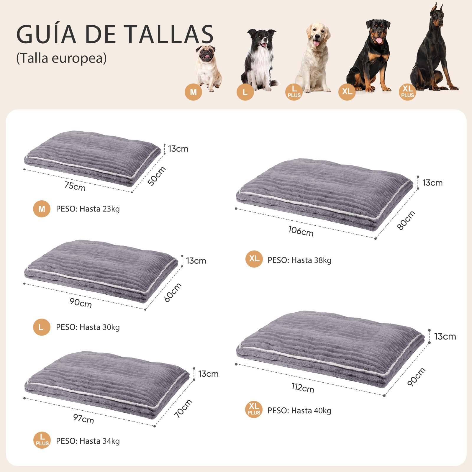 Cama para Perros Grandes: Cojín Lavable con Piel de Conejo Sintética - Forro 100% Impermeable - Base Antideslizante y Funda Extraíble para Jaulas y Casa (106 x 80 x 13 cm)