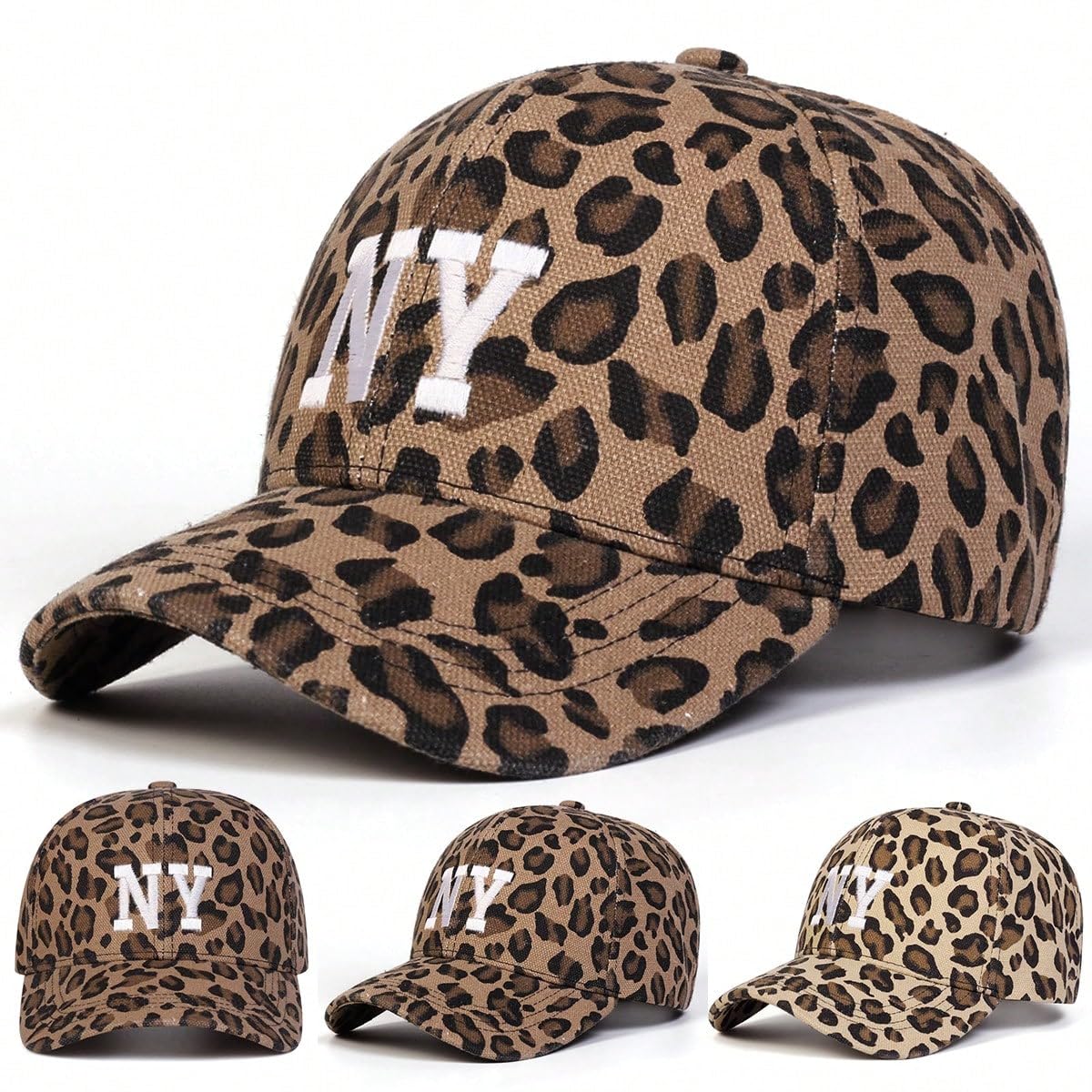 Leopard Print Baseball Cap with New York Embroidery Adjustable N.Y. Cotton Hat for Men and Women Casual and Sporty Look