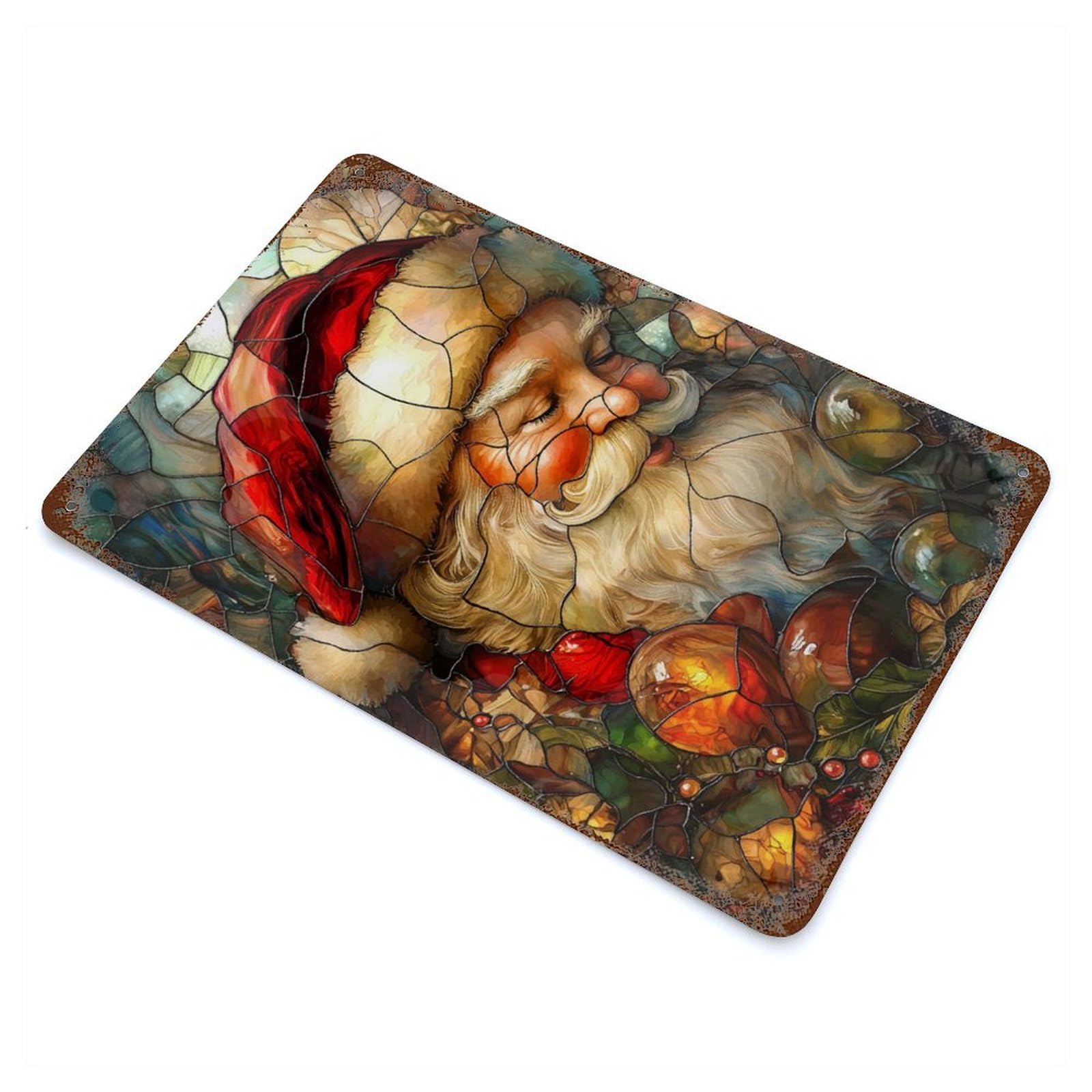 Distressed Metal Wall Sign with Stained Glass Santa Design 11.8"x7.9", for Living Room, Hallway And Home Decor, Vintage Wall Decor