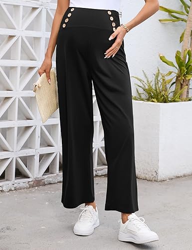 Miniatura 2 de Pantalones de maternidad para mujer, de cintura alta, con doble botonadura y pierna ancha, pantalones largos sueltos para embarazo, pantalones de