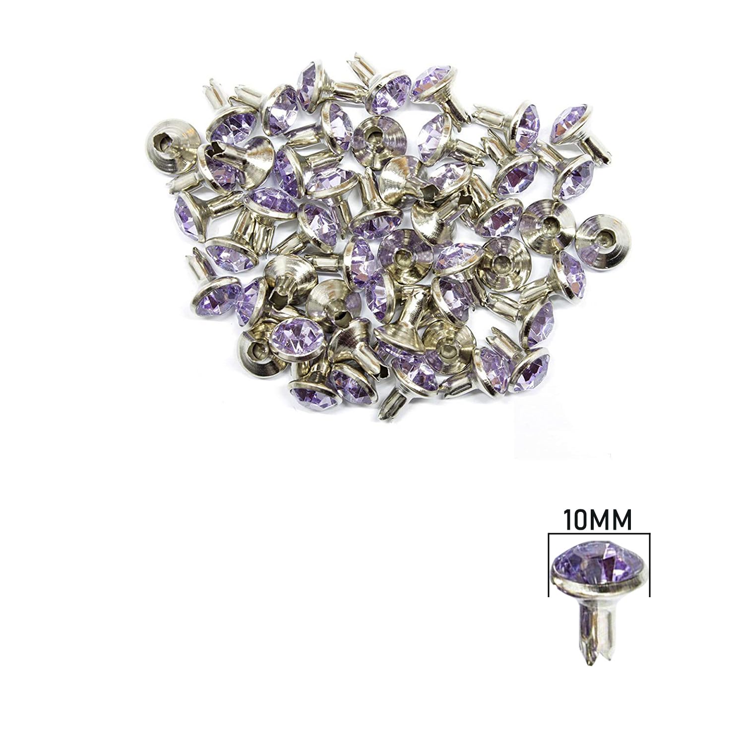 Trimming Shop Rivetti in cristallo viola lilla da 10 mm, con strass in acrilico con spille per fai da te, decorazioni per abbigliamento, progetti artistici e artigianato, borse, abbellimento, 50 pezzi