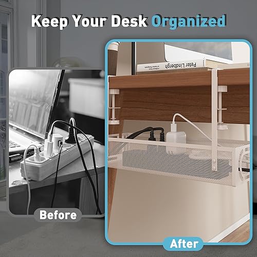 Miniatura 5 de Bandeja blanca para organizar cables debajo del escritorio, organizador de cables sin taladro, bandeja de cables de escritorio ajustable y