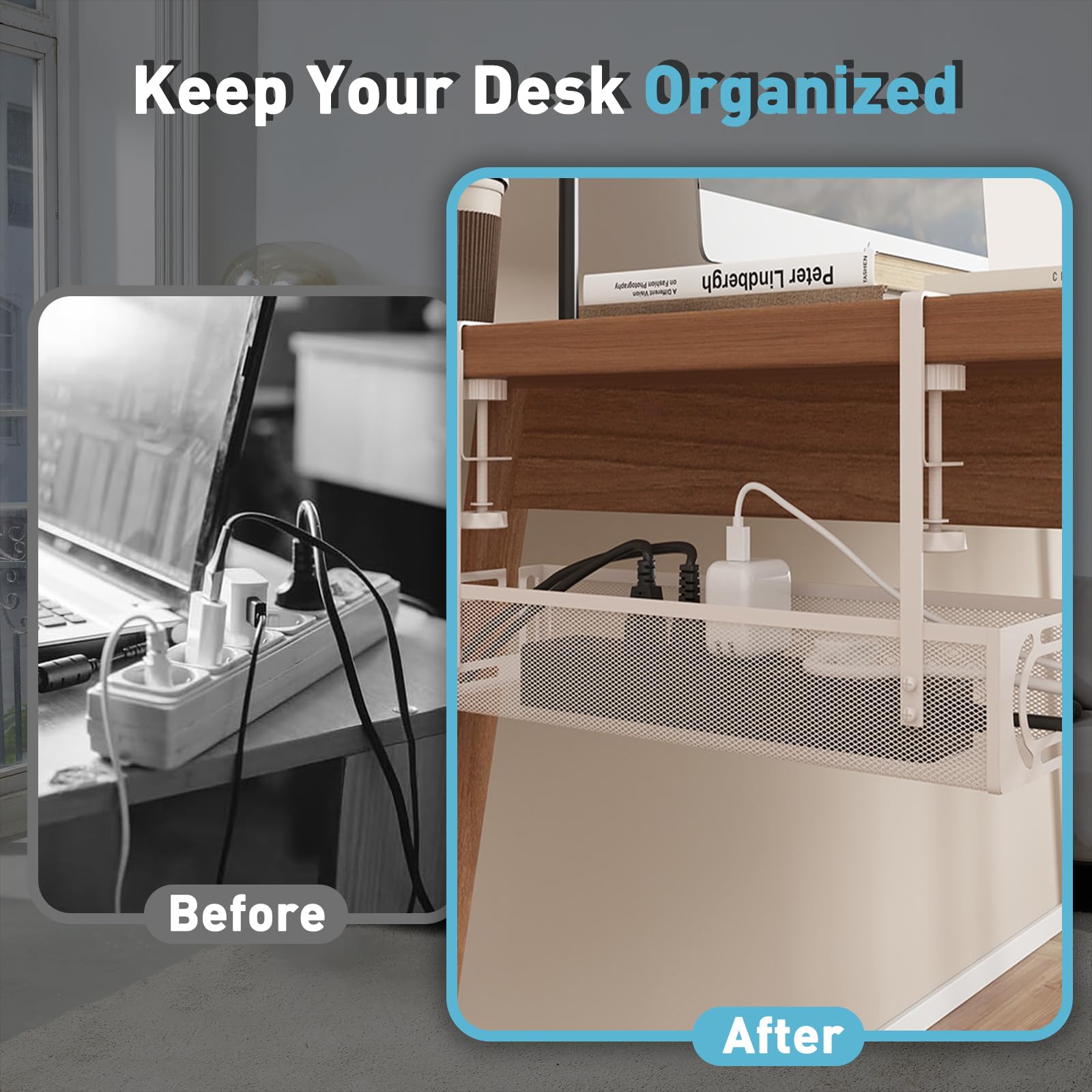 Kabelmanagement Unter dem Schreibtisch – Ohne Bohren, Erweiterbar, Kabelkanal Organizer für Schreibtisch, Tisch Kabelhalter, Flexibel, Aus hochwertigem Stahl, Weiß (Packung mit 2)