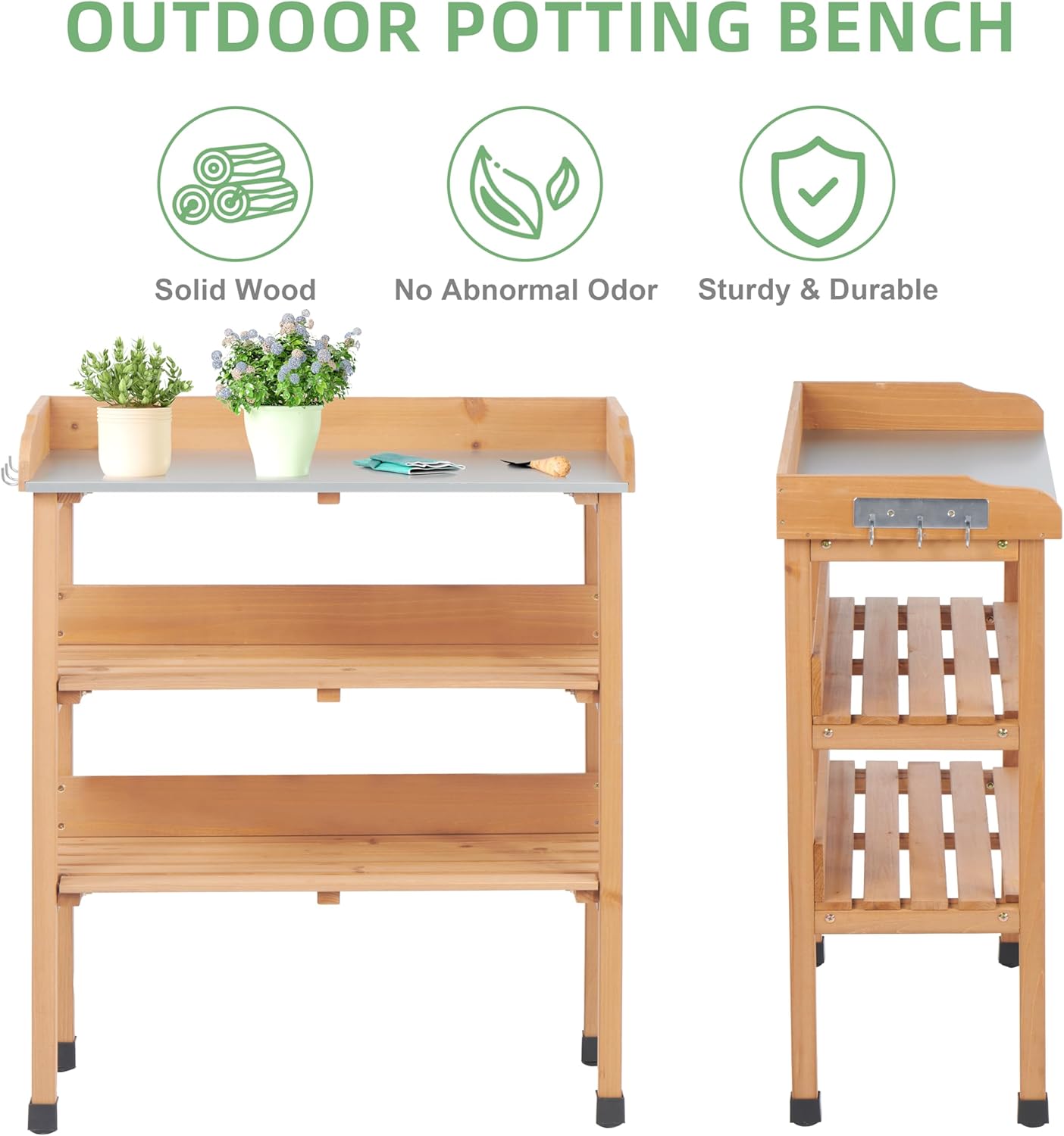 Outdoor Wooden Potting Bench Table, Garden Wood Workstation Planting Table with Metal Top, Storage Shelf, and 3 Hooks for Gardening, Light Brown