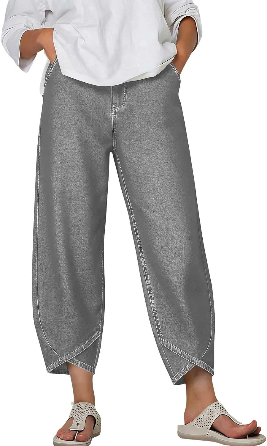 Cropped Pants for Women Elastic Waist Loose Fit Trousers Lightweight Casual Pants with Pockets