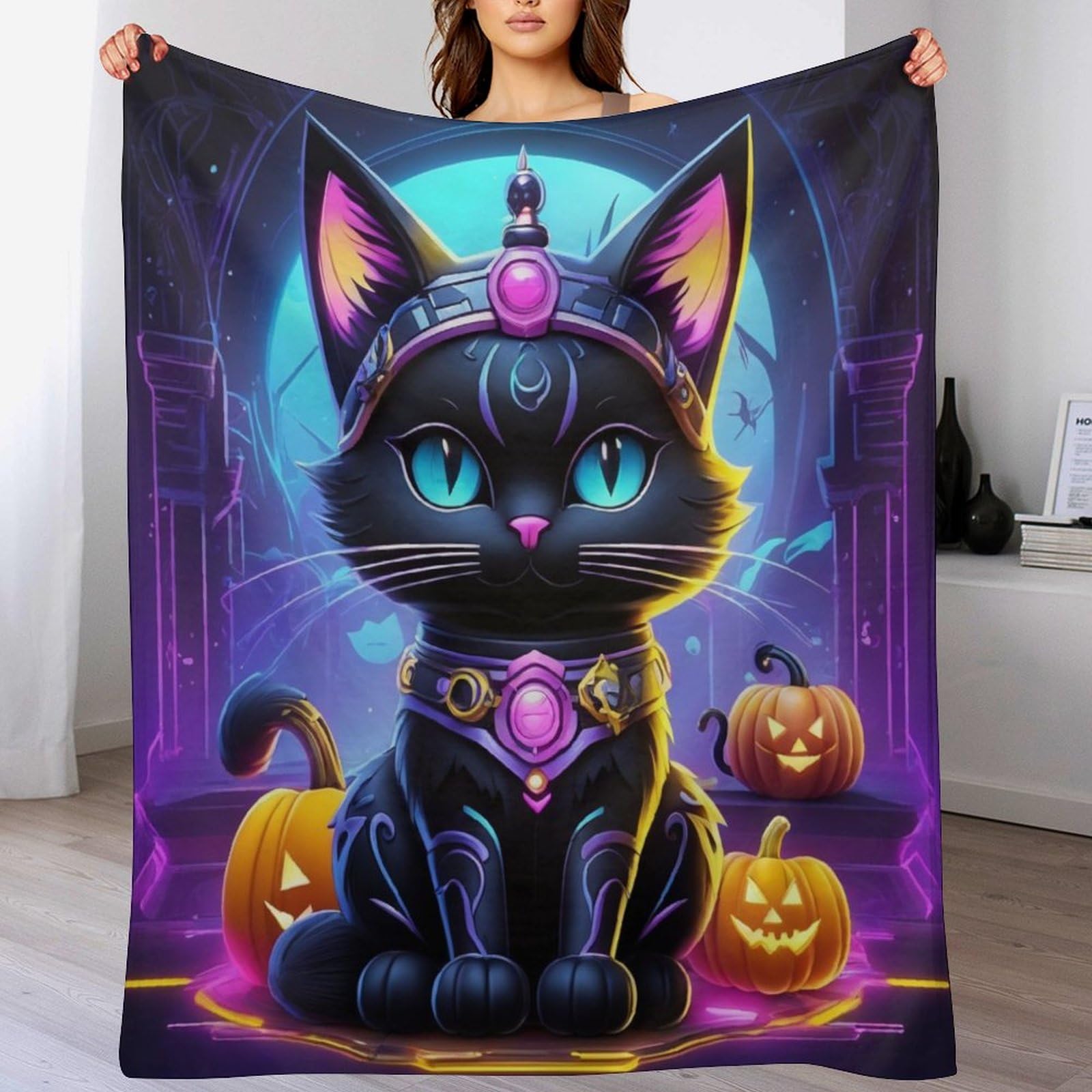 Couverture douce en flanelle chat d'Halloween 140x180 cm, le cadeau réconfortant idéal