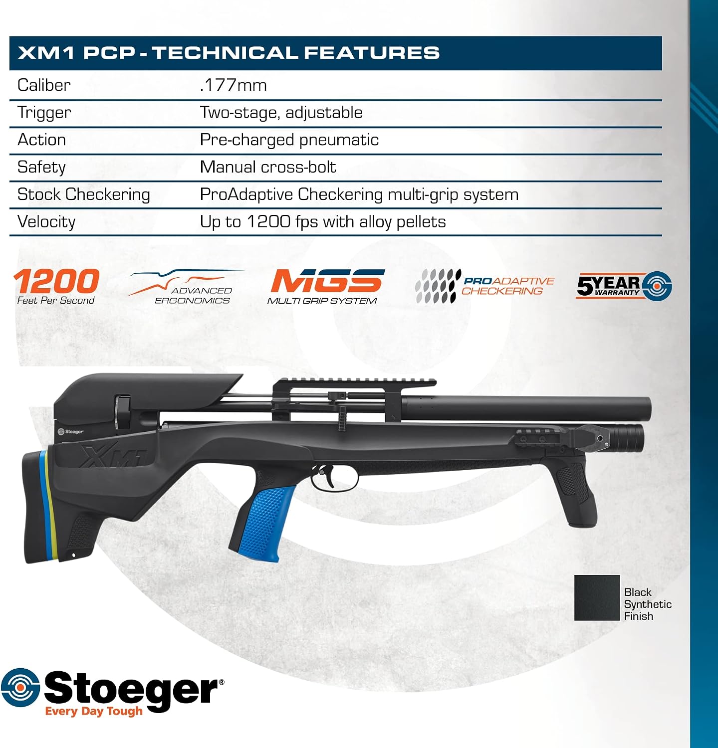 Stoeger XM1 Bullshark .177 Cal PCP Air Rifle – 1200 FPS Bullpup Pellet Airgun, Multi-Grip System, Dual Picatinny Rails, 2 Rotary Magazines, Buttstock Spacers