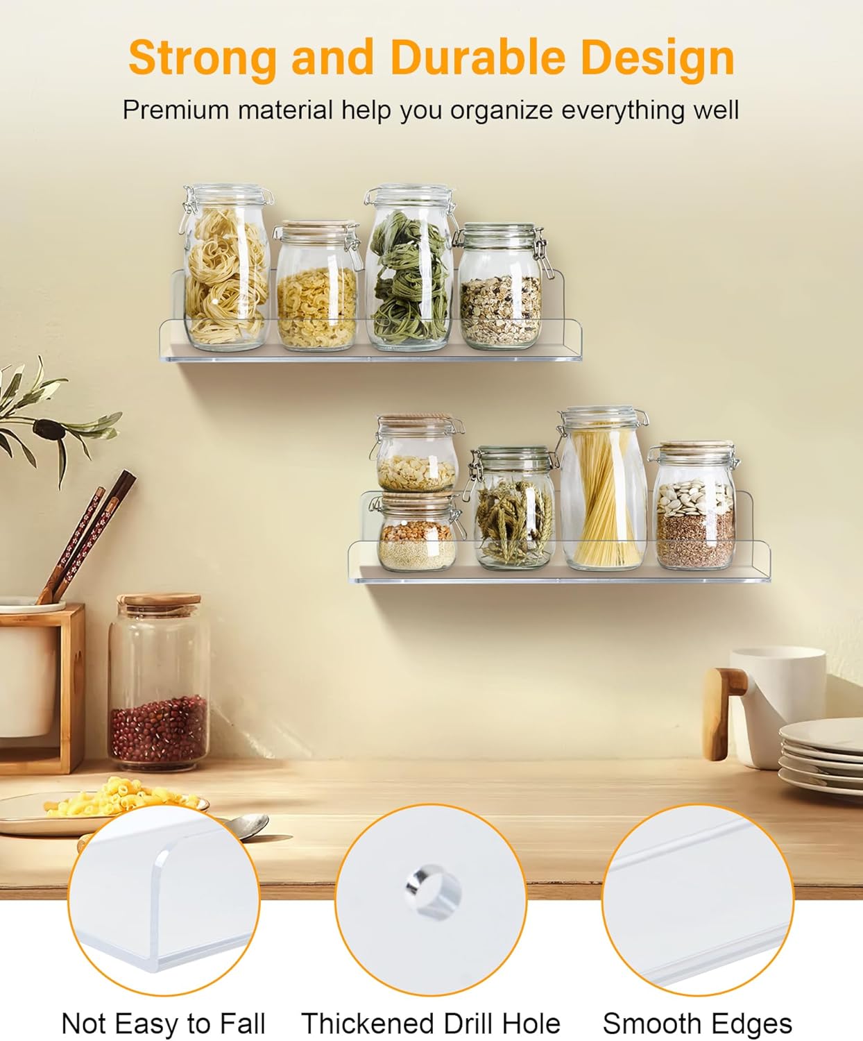 4 Pack Floating Shelves for Storage, 15" Bathroom Wall Shelves, Acrylic Shelves for Room Decor, Bedroom, Kitchen, Living Room, Clear