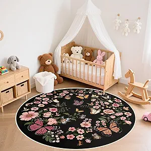 Butterfly 4ft Round Rug - 4x4 Washable Circle Rug Soft Large Circle Carpet for Bedroom Living Room Kitchen Nursery, Black
