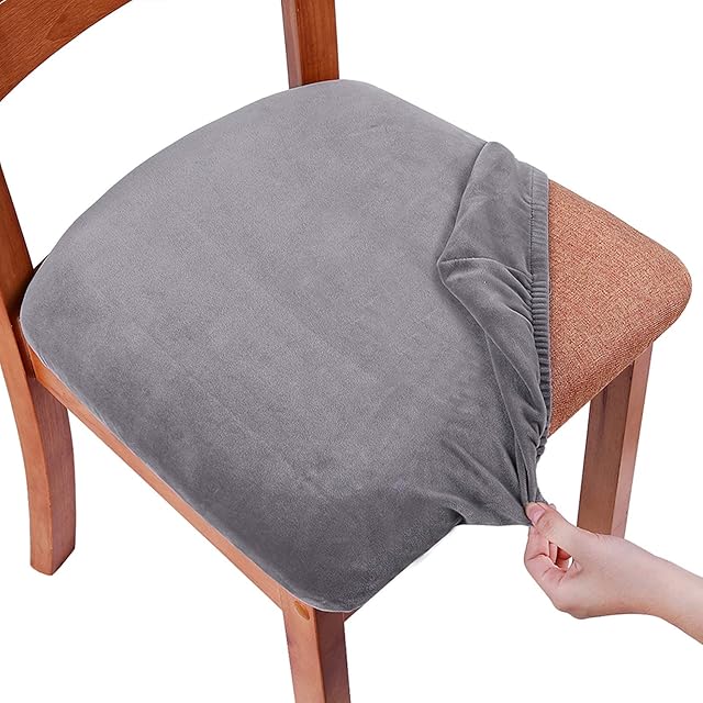 Homaxy Velvet Dining Chair Seat Covers Set of 2, Stretch Dining Chair Slipcovers with Ties, Removable Washable Dining Chair Seat Protector Cover, Silbergrau