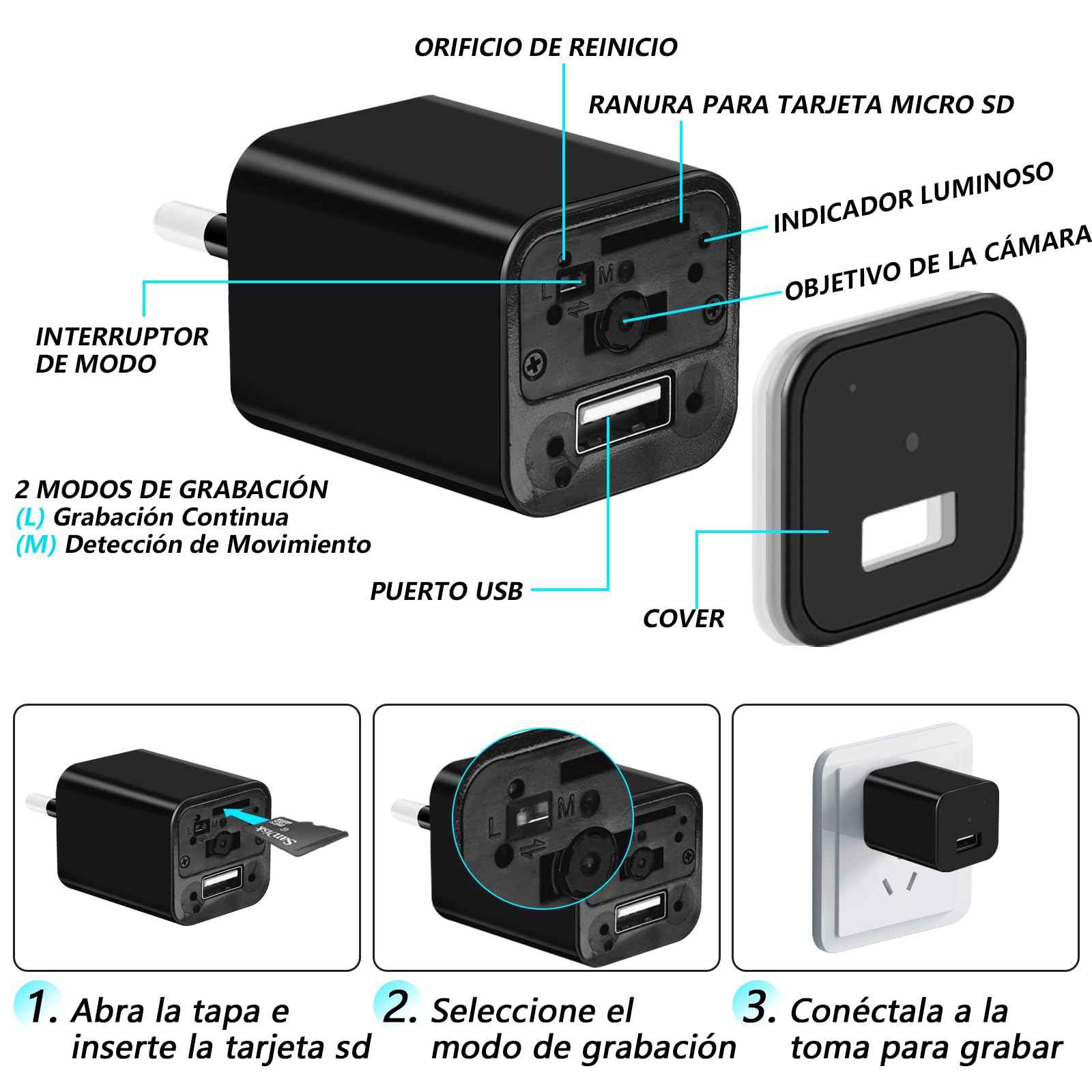 LXMIMI USB Cámara Oculta, HD 1080P Mini Cámara Espía | Cargador USB Cámara Oculta, Adaptador de Carga Cámara Espía Oculta, Soporte de Detección de Movimiento y Grabación en Bucle