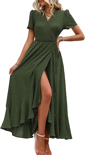 PRETTYGARDEN Women's Summer Wrap Maxi Dress Casual Boho Floral V Neck Short Sleeve Ruffle Hem Split Beach Long Dresses