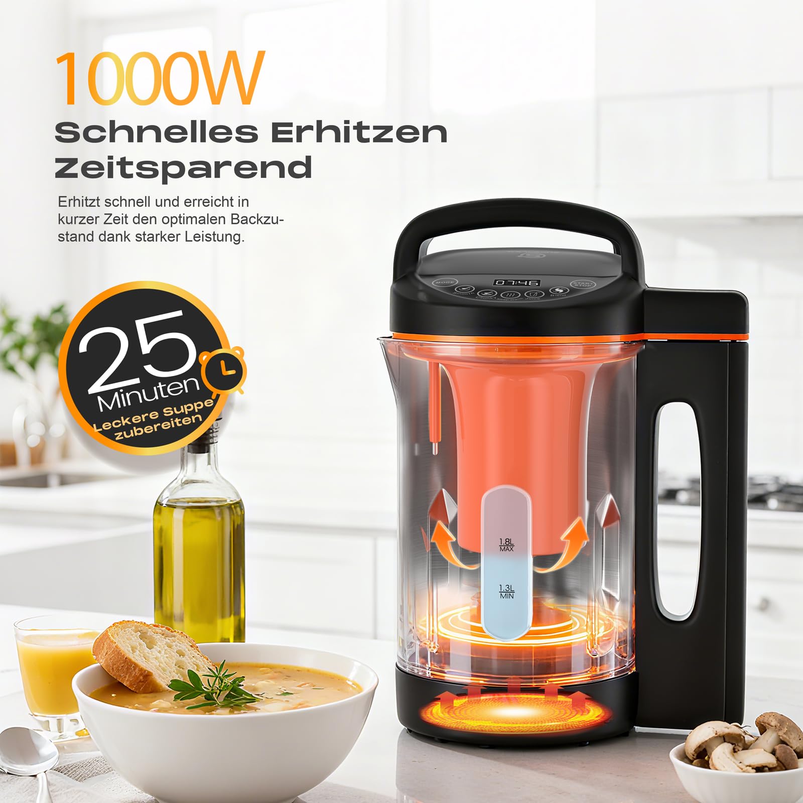 Zuppa elettrica multifunzione da 1,8 l, in acciaio inox, 1000 W, con funzione mixer, 4 programmi, timer, funzione di mantenimento del calore, autopulente per zuppe frullati