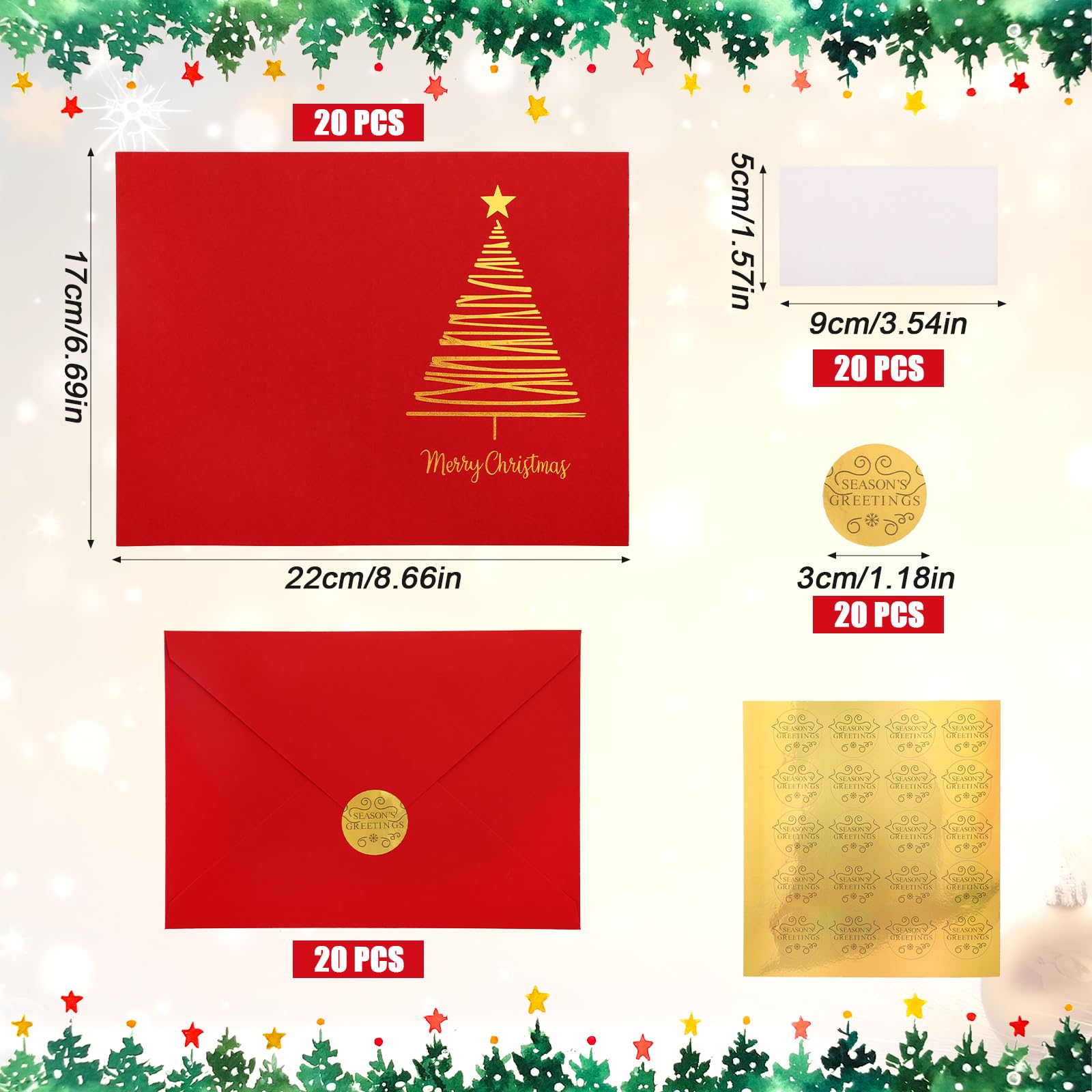20pcs Christmas Greeting Cards, Merry Christmas Cards with Gold Foiling Xmas Tree Include Seal Stickers & Envelopes for Family Friends & Loved Ones (Red) - Image 2