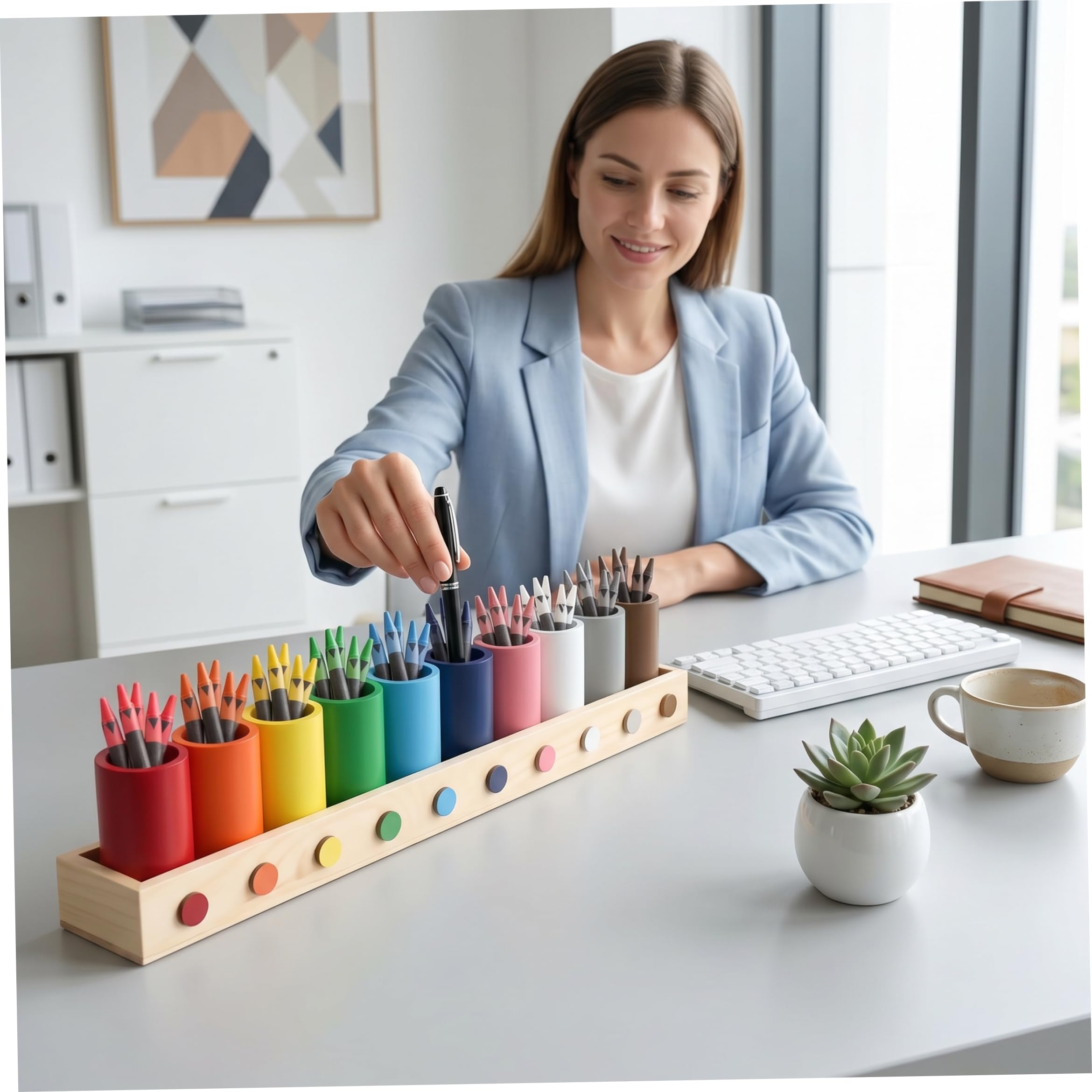 Organizer per matite colorate in legno a 11 scomparti, supporto da scrivania colorato per pennarelli, pastelli, penne, materiale scolastico per ufficio e casa