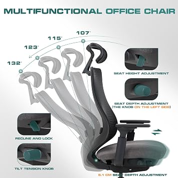 COLAMY Ergonomic Mesh Office Chair, High Back Computer Executive Desk Chair with Adjustable Headrest and 4D Arms, Slide Seat, Tilt Lock, Dark Grey