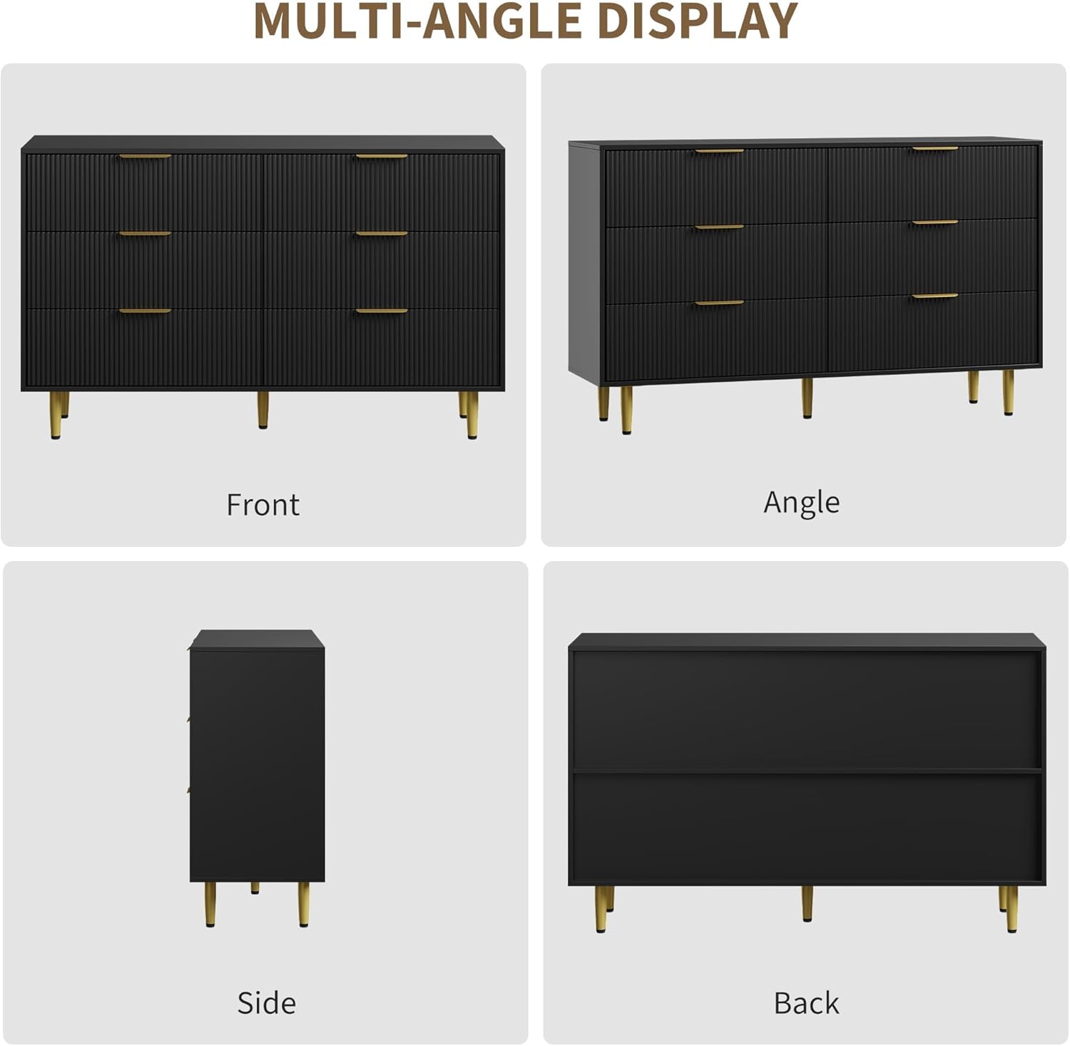 IDEALHOUSE Fluted 6 Drawer Dresser for Bedroom, 56" Wide Chest of Drawers, Wood Dresser with Gold Metal Handle, Storage Organizer for Hallway and Entryway, Easy Assembly, Black