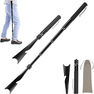 Shoe Horn Long Handle, 16.9 - 37.4 Telescopic Metal Shoe Horn with Trouser Hook and Sock Removal Aid, Adjustable Long Shoehorn for Seniors Men Women Kids