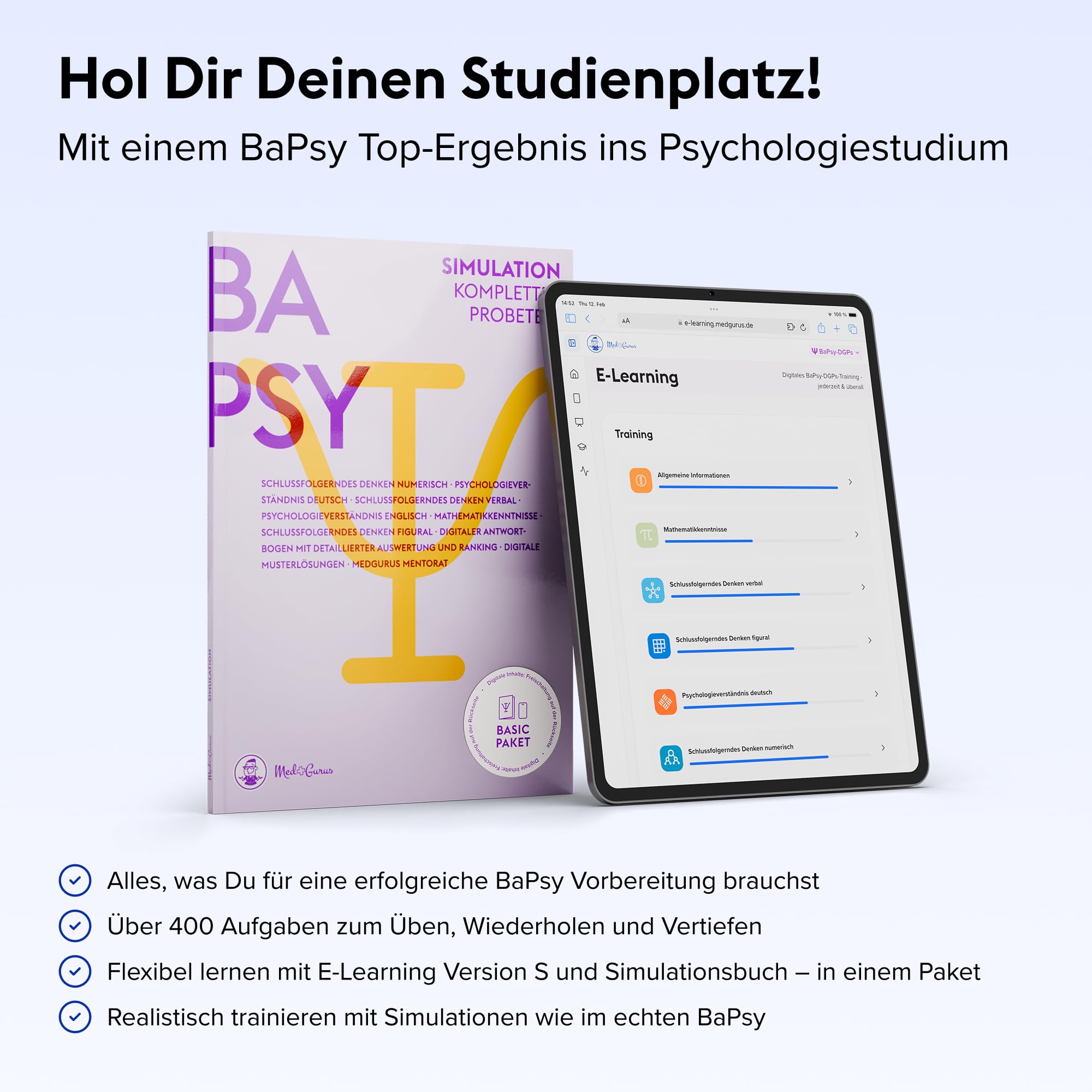 MedGurus - BaPsy-DGPs Vorbereitung - Basic Paket – Simulationsbuch und E-Learning mit über 300 Übungsaufgaben zum Einstieg in die Vorbereitung auf den Studieneignungstest Psychologie