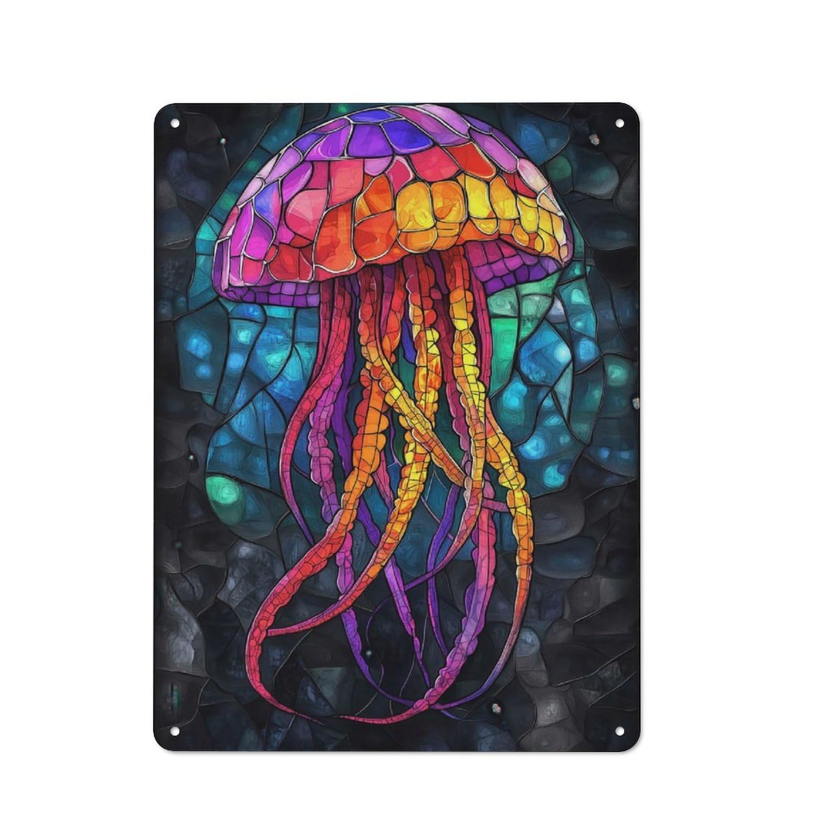 Tin Wall Plaque 40x30cm with Stained Glass Jellyfish for Studio Or Craft Room, Suited to Studio Decor Lovers