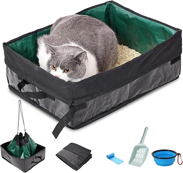 belieonu Travel Litter Box for Cats, Foldable Portable Litter Box, Leak Proof Cat Travel Carrier with Kitty Litter Scoop Bowl, Collapsible Waterproof Odor Free Easy Carrier for Car Outdoor