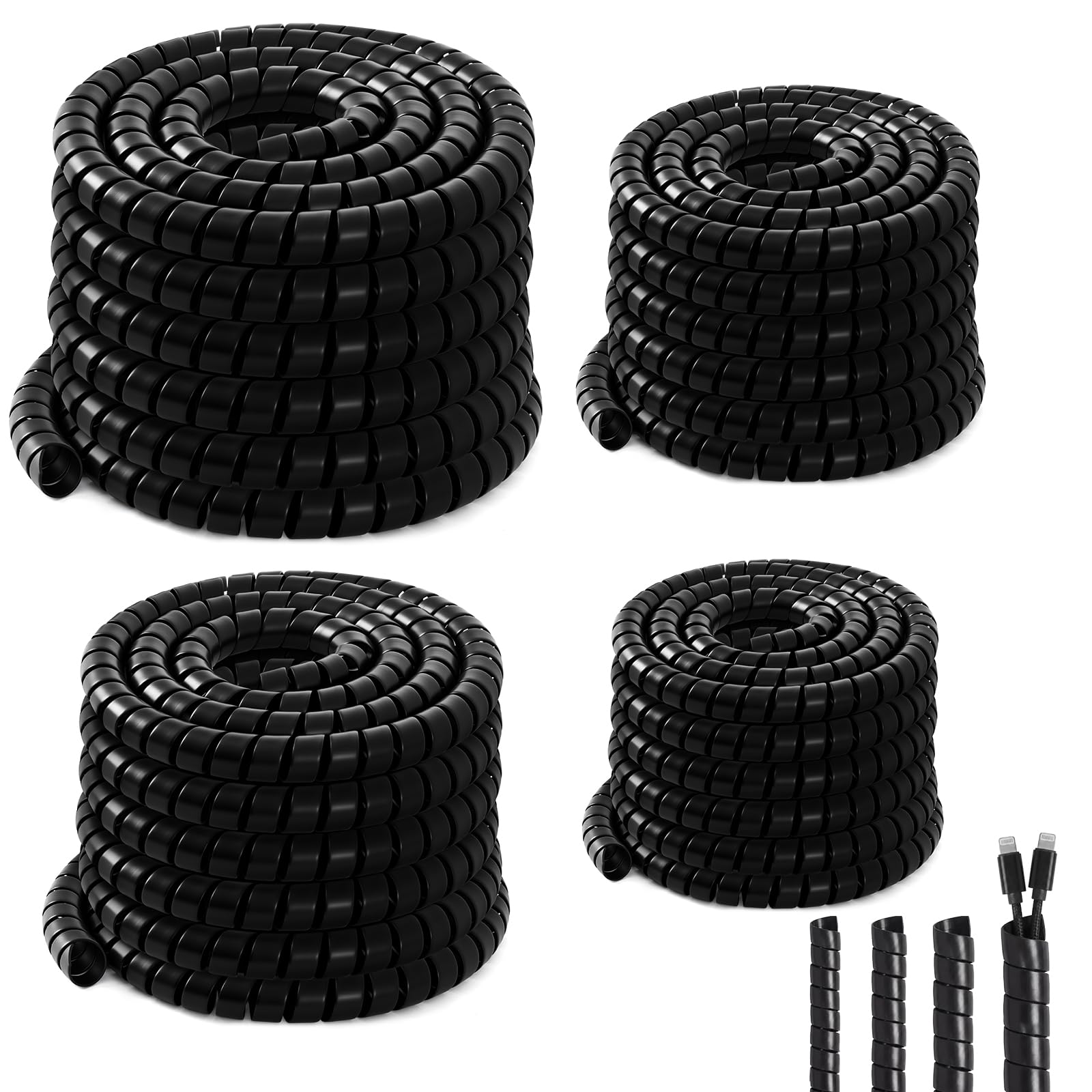 4 Pcs Spiral Wrap Cable Protector, Safe 1/4"+3/8"+1/2"+3/4" Od x 25 ft Pre Cut Lengths Hydraulic Hose Protector Wrap to Avoid Wear and Extend Life for Hydraulic Pneumatic Hoses (Black)