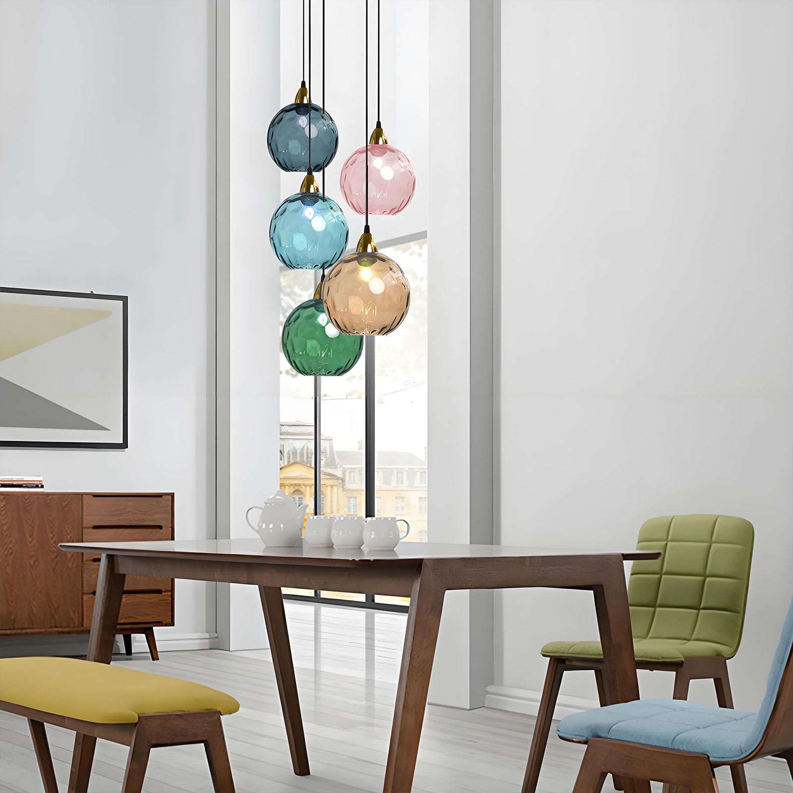 20cm Lampada a Sospensione Sferica in Vetro Industriale D'epoca, Lampadario da Soffitto E27, Finitura Oro e Paralume in Vetro Ondulato, Plafoniera Per Sala da Pranzo (Blu azzurro, 20cm)