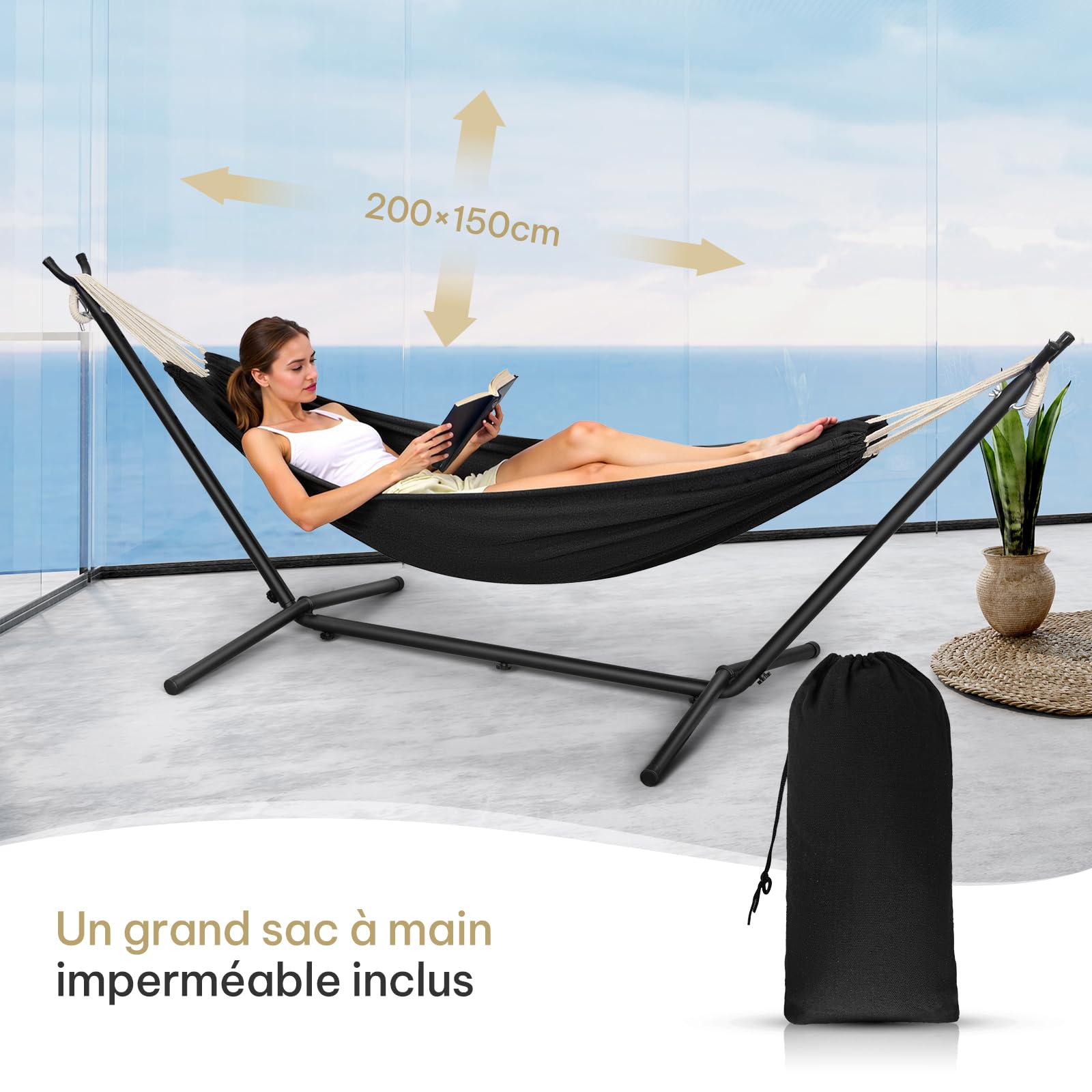 Laneetal Hamac sur Pied, Hamac avec Support en Métal, 2 Personnes, Charge de 250kg, Sac de Transport, pour Camping, Jardin, Patio, Balcon, Piscine, 280x106x100cm (Anthracite, 280x106x100cm)