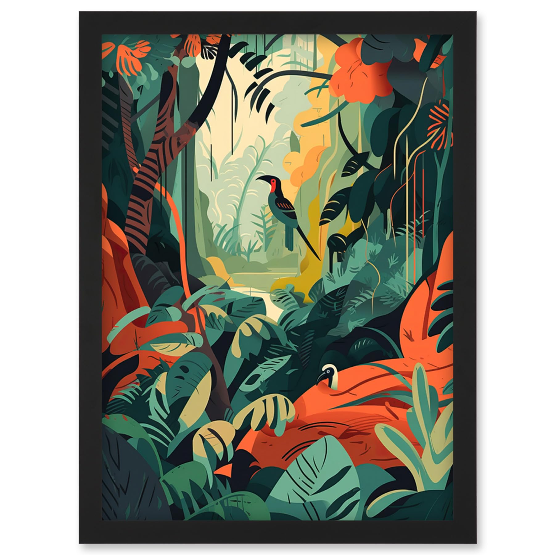Artery8 Amazon Rainforest Diverse Flora and Tropical Birds Artwork Framed Wall Art Print A4