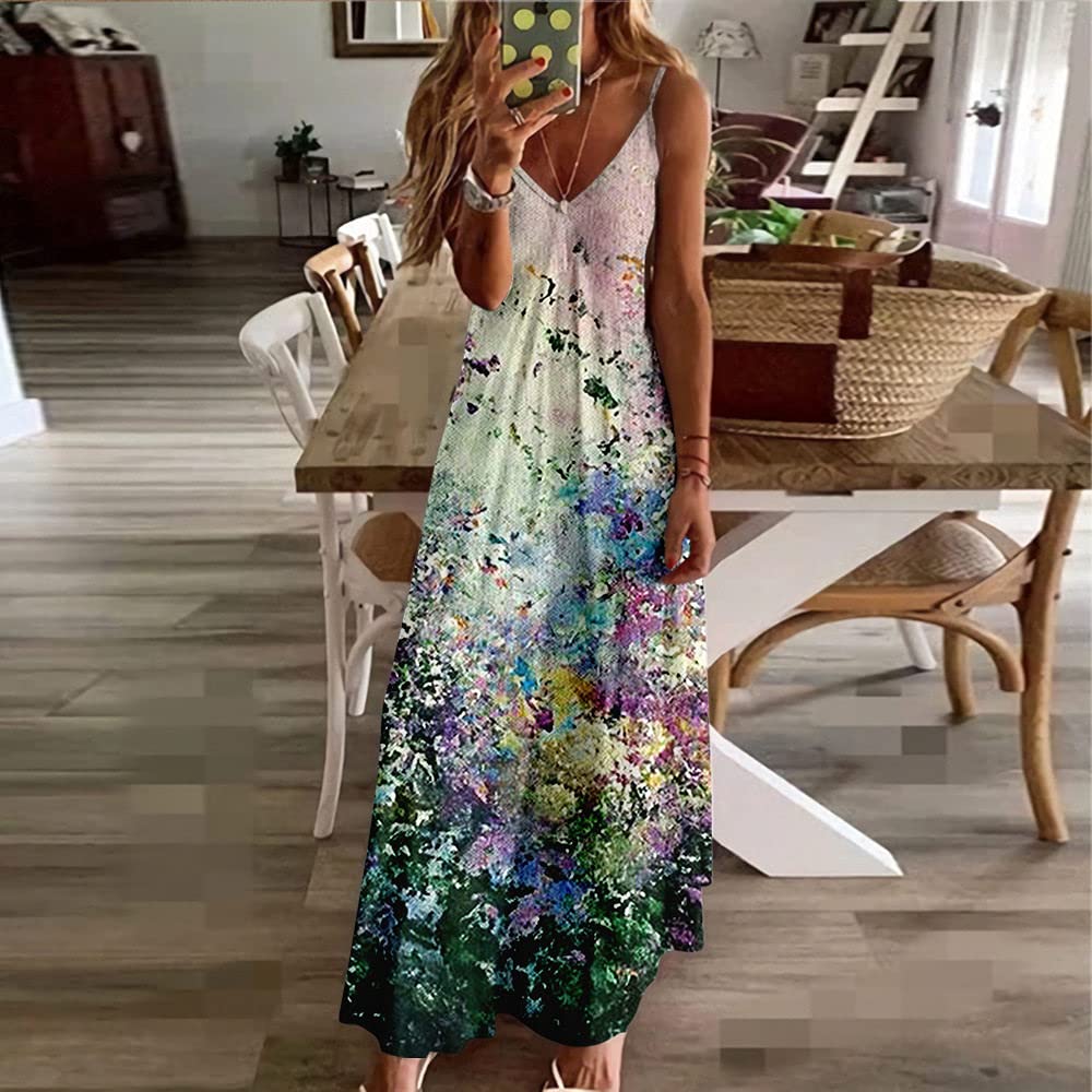 Mujeres Suelto Vestido, Mujeres Flores Pintadas Pintura Al Óleo 3D Sexy Sling Backless Más El Tamaño Maxi Vestido Swing Falda Fiesta De Verano Todos Los Días Bata Playa Vesti