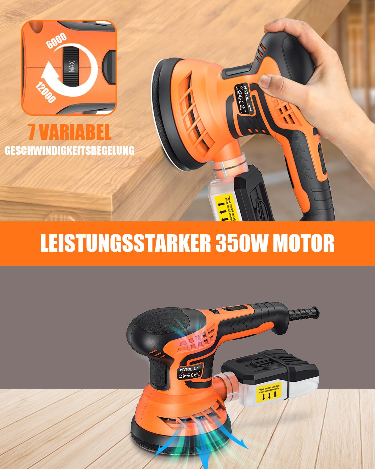 Exzenterschleifer 125mm 350W mit Staubabsaugung | 7-stufig variable Geschwindigkeit 6000-13000 U/min | inkl. 14 Schleifpapieren (2 staubfrei) & Zubehör | Schleifmaschine für Holz, Lack, Auto & Politur