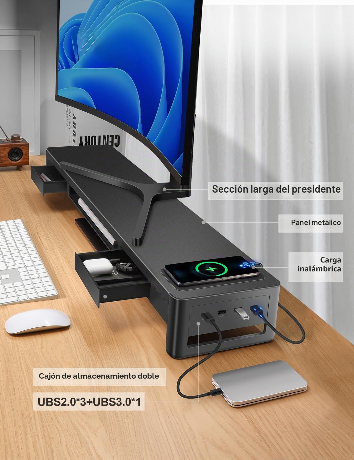 MEATANTY Soporte para 2 Monitores con Carga Inalámbrica y USB | Estructura metálica con 2 cajones, carga inalámbrica y hub USB de 4 puertos.
