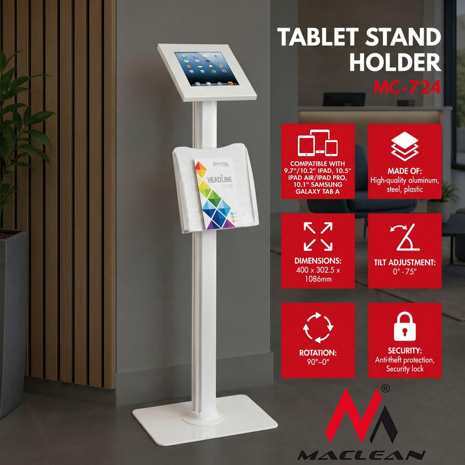 Maclean MC-724 Supporto Staffa da Pavimento per Tablet Stativo Stand Compatibile con iPad2.3.4 IPAD Air