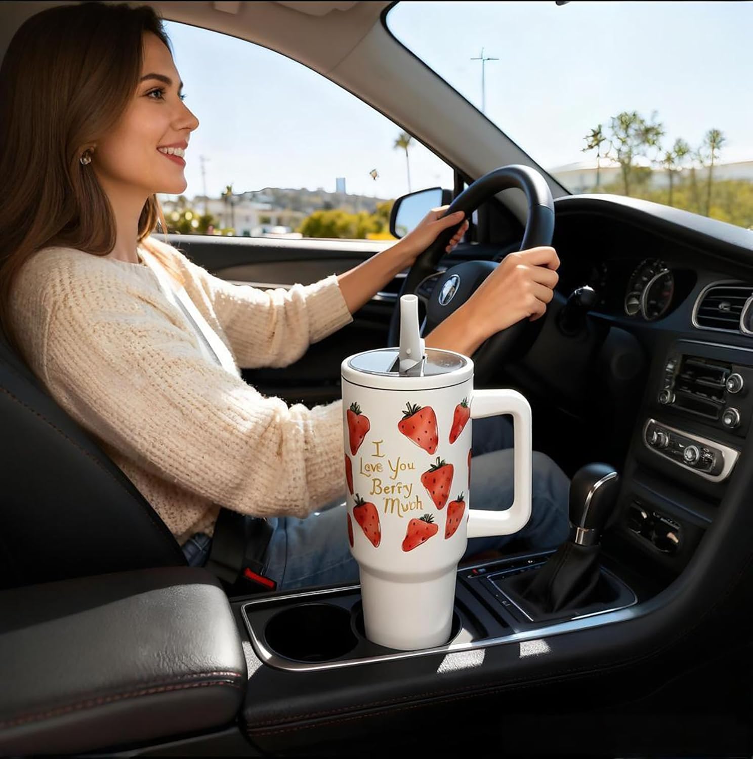 40OZ Insulated Tumbler with Handle and Straw Lid - Cute Strawberry Stainless Steel Travel Mug - Leak-Proof 2-in-1 Lid, Double Wall Vacuum Water Bottle for Women & Girls, Fits Cup Holders(Strawberry) - Image 3