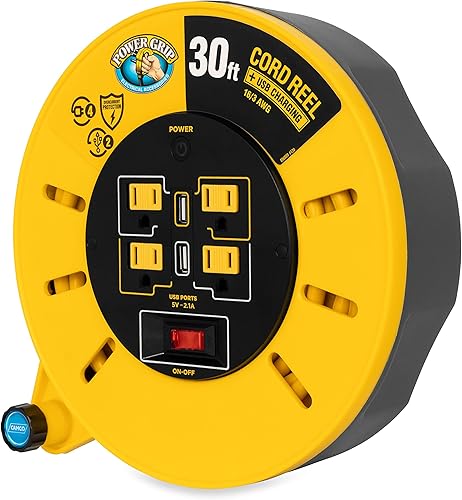 Miniatura 4 de Camco Carrete de cable de extensión RV de 30 pies y 10 amperios, clasificado para 125 V1,250 W, cuenta con 4 tomas eléctricas de 125 V y 2 puertos
