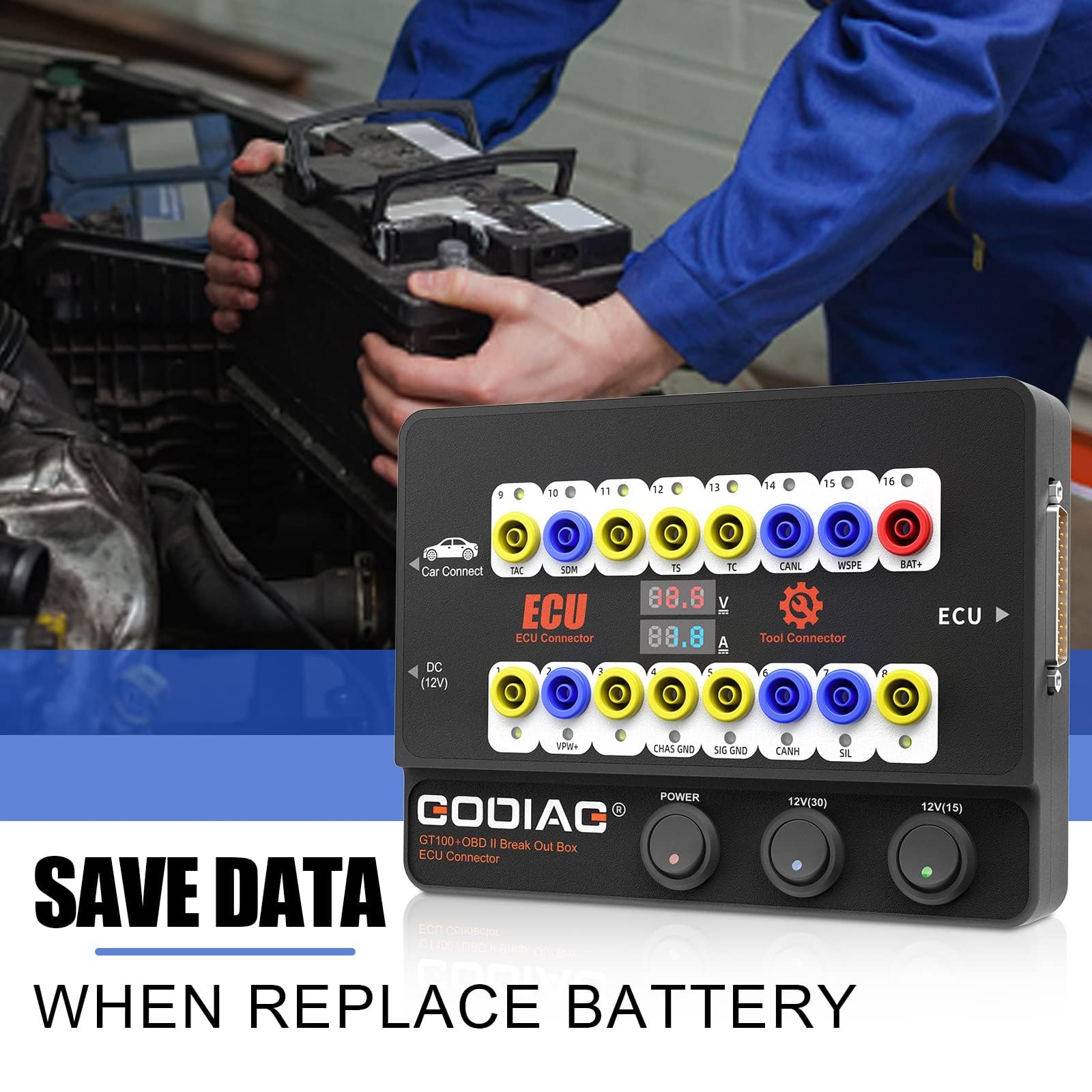 GODIAG GT100 OBDII Breakout Box, connecteur ECU avec ligne principale OBD et détecteur de protocole CANBUS/K-Line multifonction pour test sur banc d'ECU, contrôle moteur, prend en charge l'affichage