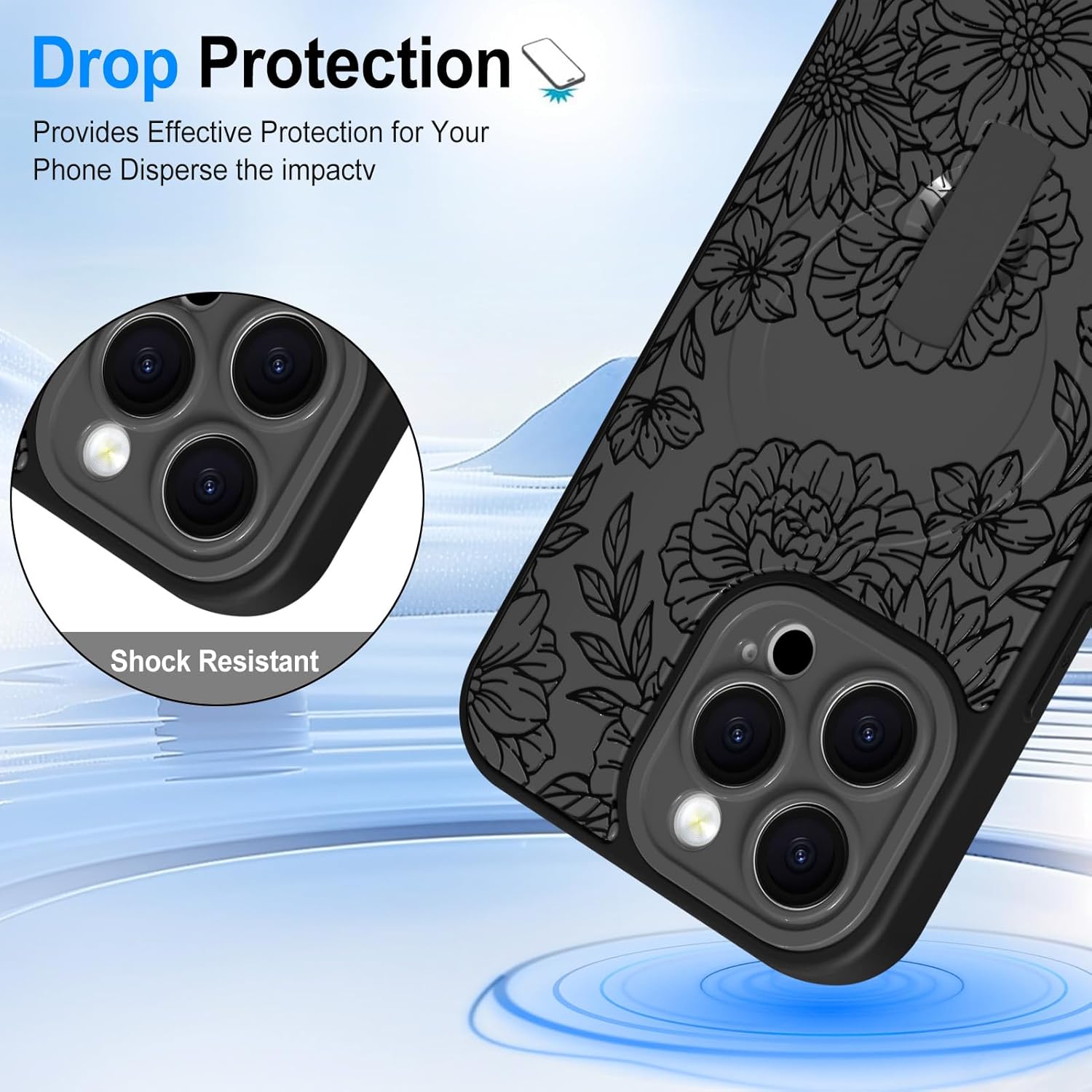 Designed for iPhone 16 Pro Max Black Line Peony Floral Pattern Case [Compatible with Magsafe] with Finger Strap Kickstand Shockproof Anti Drop Camera Protective for Girls Women
