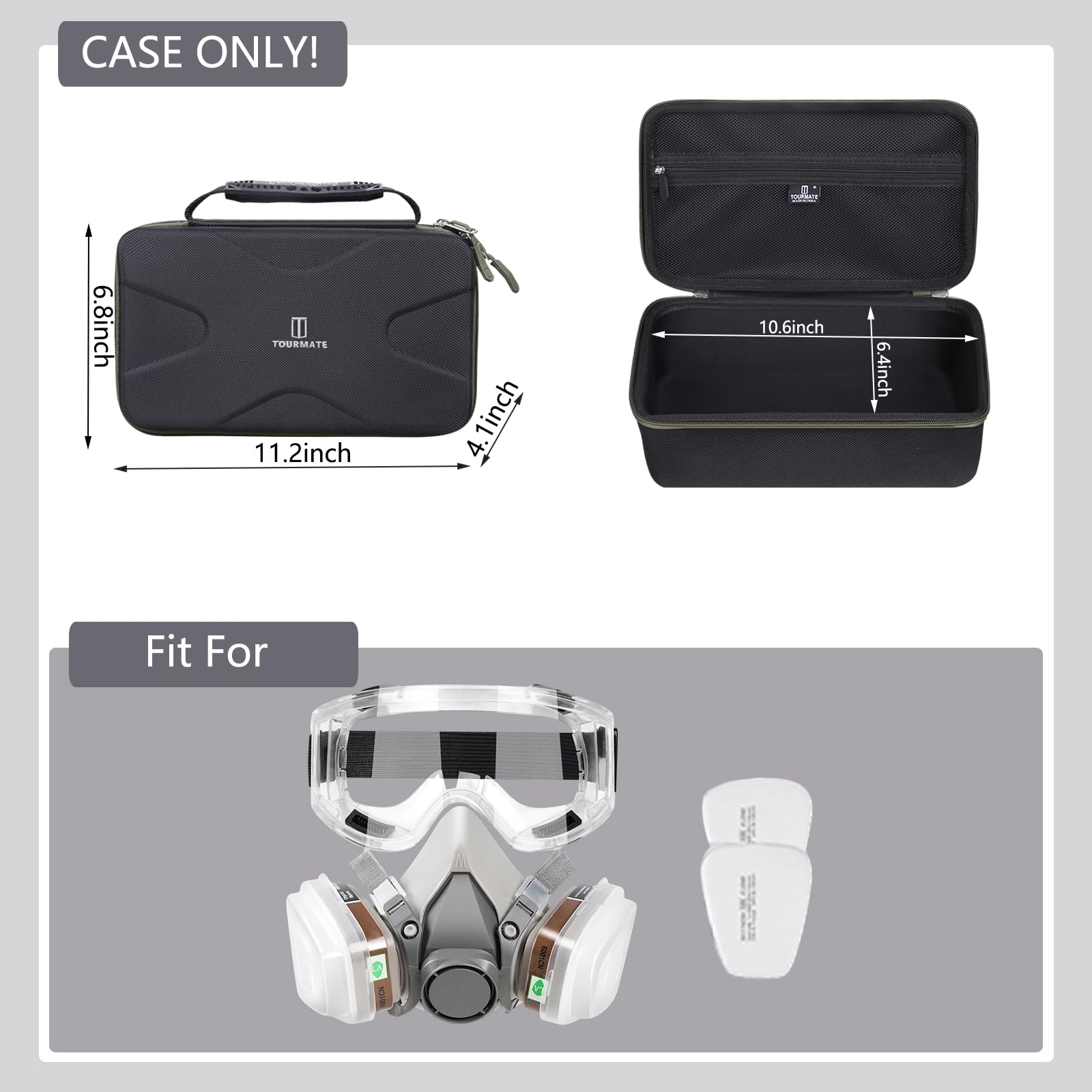 Tourmate Custodia rigida in EVA compatibile con mezzo facciale 3M riutilizzabile, custodia da viaggio per 6200/07025(AAD)/6503QL/3M P100 cartuccia respiratore/filtro 60923 Combo/occhiali di sicurezza