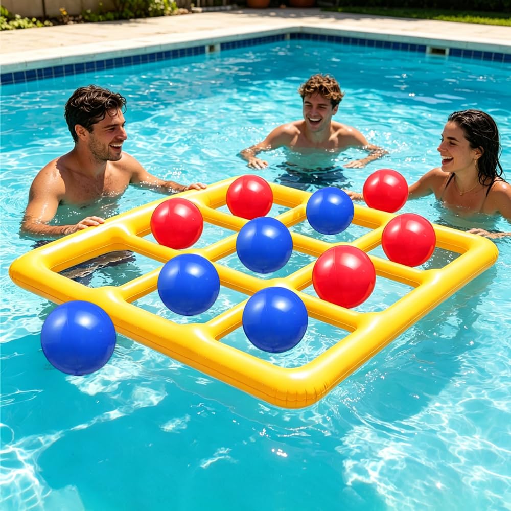 Giocattolo gonfiabile per piscina Tic Tac Toe 3 x 3, gioco gonfiabile con 10 palline e pompa ad aria, giocattolo gonfiabile per piscina, giocattolo per piscina, per feste in piscina
