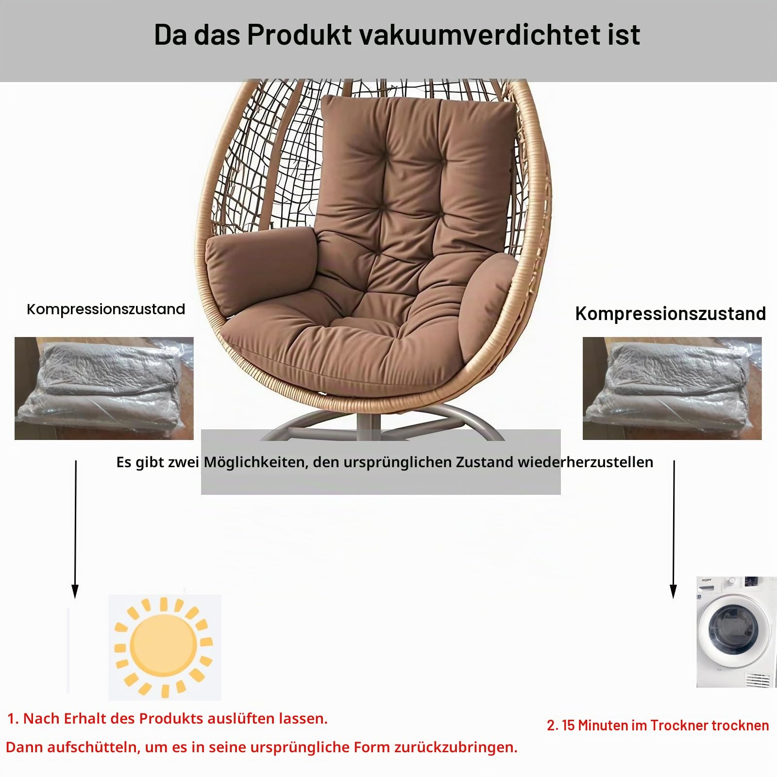 Verdicktes Polyester-Kissen mit Rückenlehne für Hängesessel, Garten-Cocoons und Eierstühle - Bequemes Sitzpolster(Dark Gray)